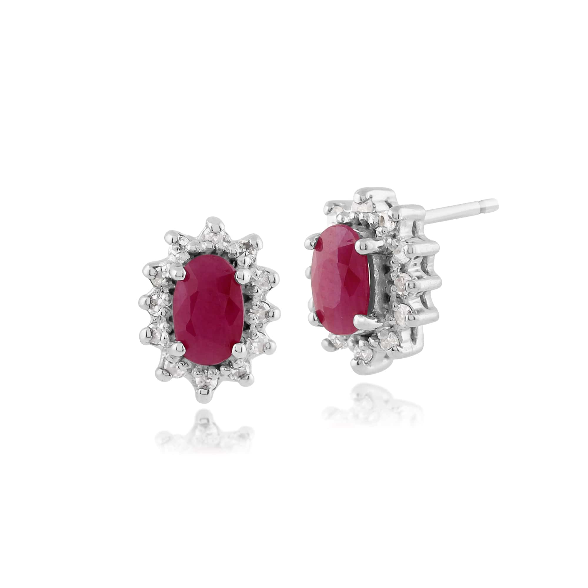 Classic Oval Ruby & Diamond Cluster Stud Earrings in 9ct White Gold 5x3mm - Gemondo
