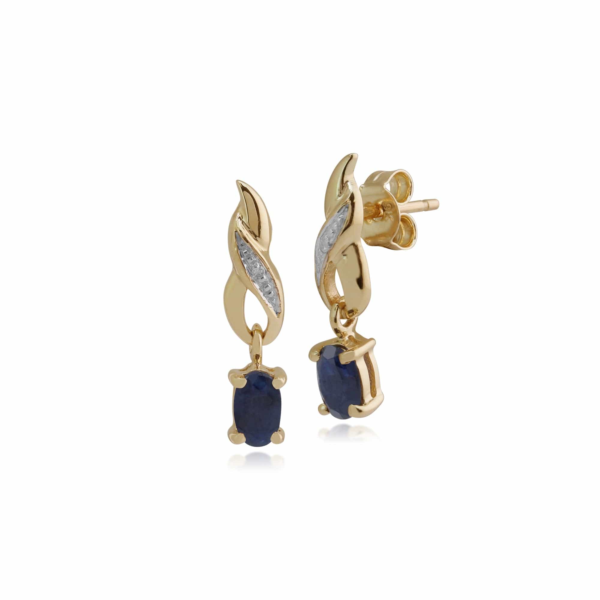 Art Nouveau Oval Sapphire & Diamond Drop Earrings in 9ct Yellow Gold - Gemondo