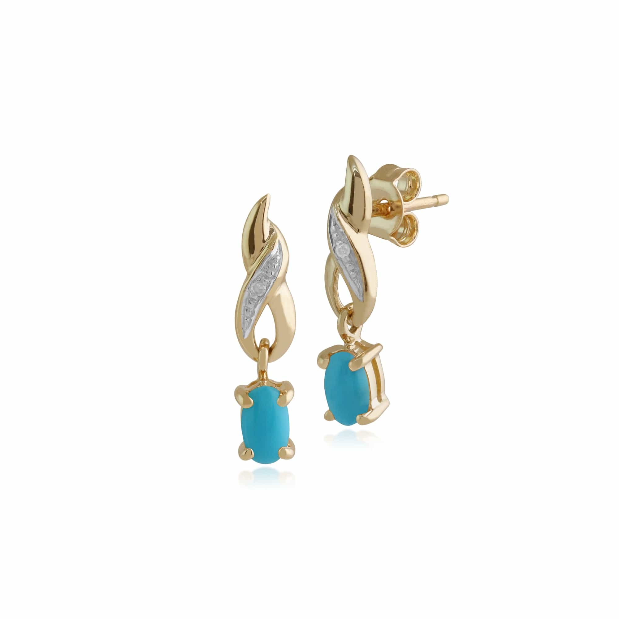 Classic Oval Turquoise & Diamond Twist Drop Earrings in 9ct Yellow Gold - Gemondo
