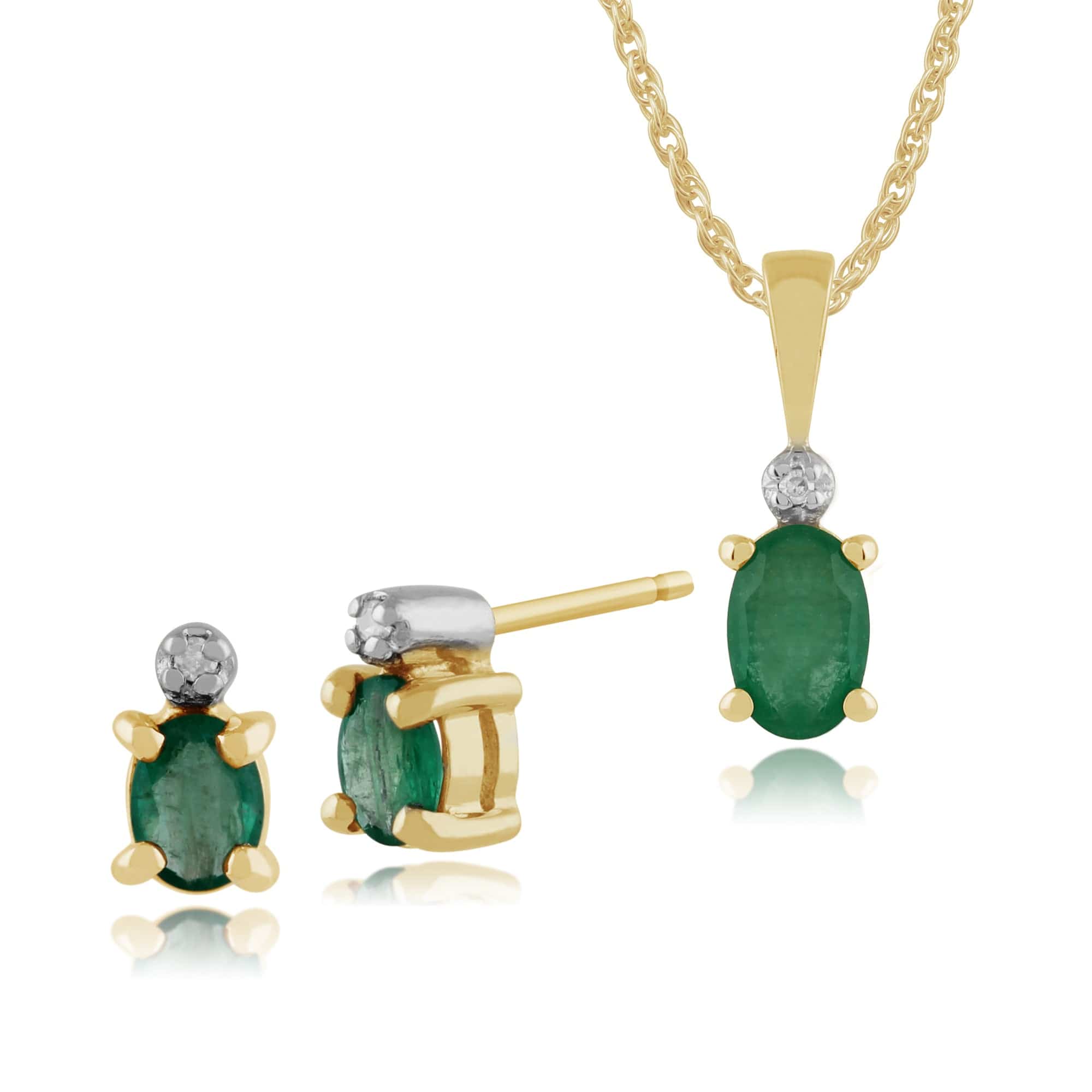 15645-16702 Classic Oval Emerald & Diamond Stud Earrings & Pendant in 9ct Yellow Gold 1
