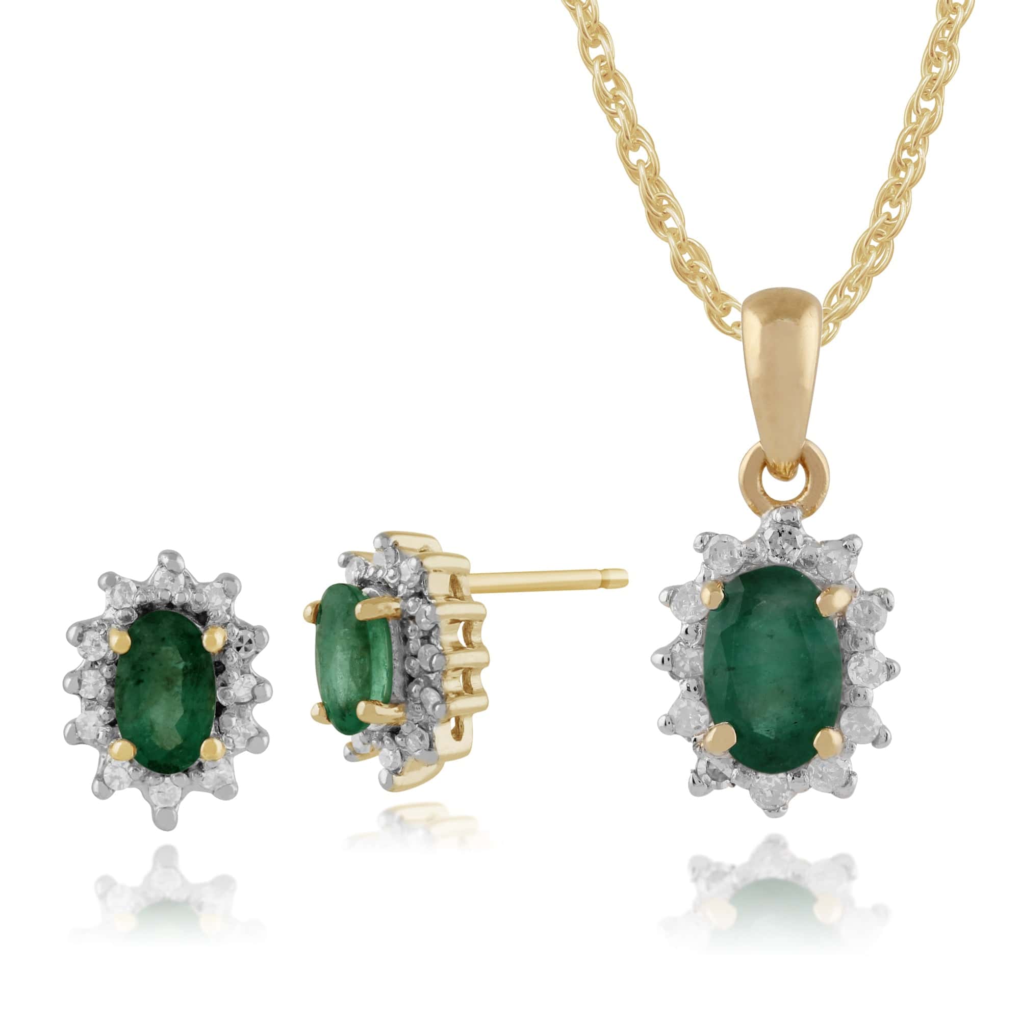 26920-27016 Classic Oval Emerald & Diamond Halo Cluster Stud Earrings & Pendant Set in 9ct Yellow Gold 1