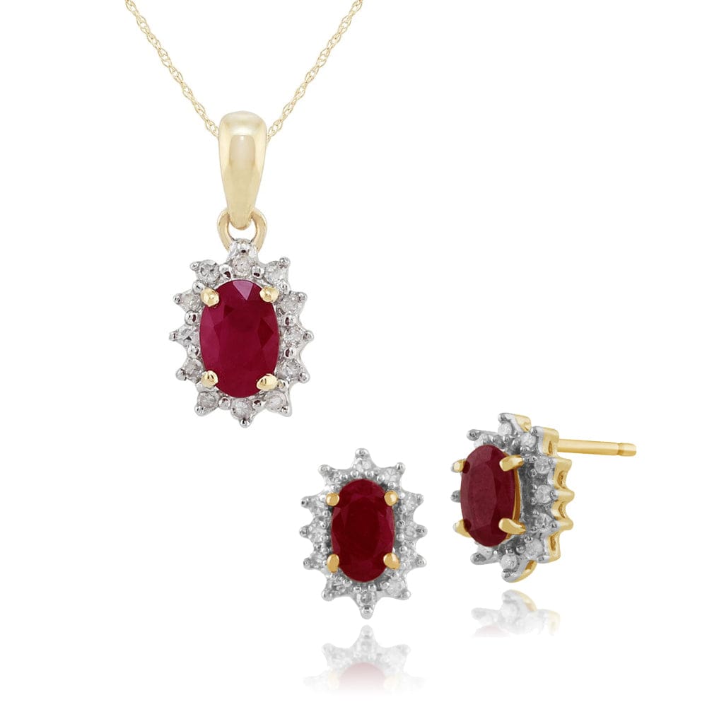 26921-27017 Classic Oval Ruby & Diamond Halo Stud Earrings & Pendant Set in 9ct Gold 1