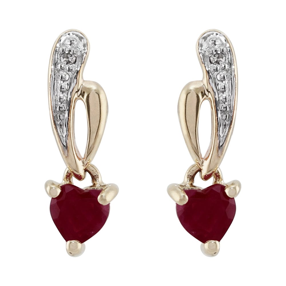 Art Nouveau Style Heart Ruby & Diamond Drop Earrings in 9ct Yellow Gold - Gemondo