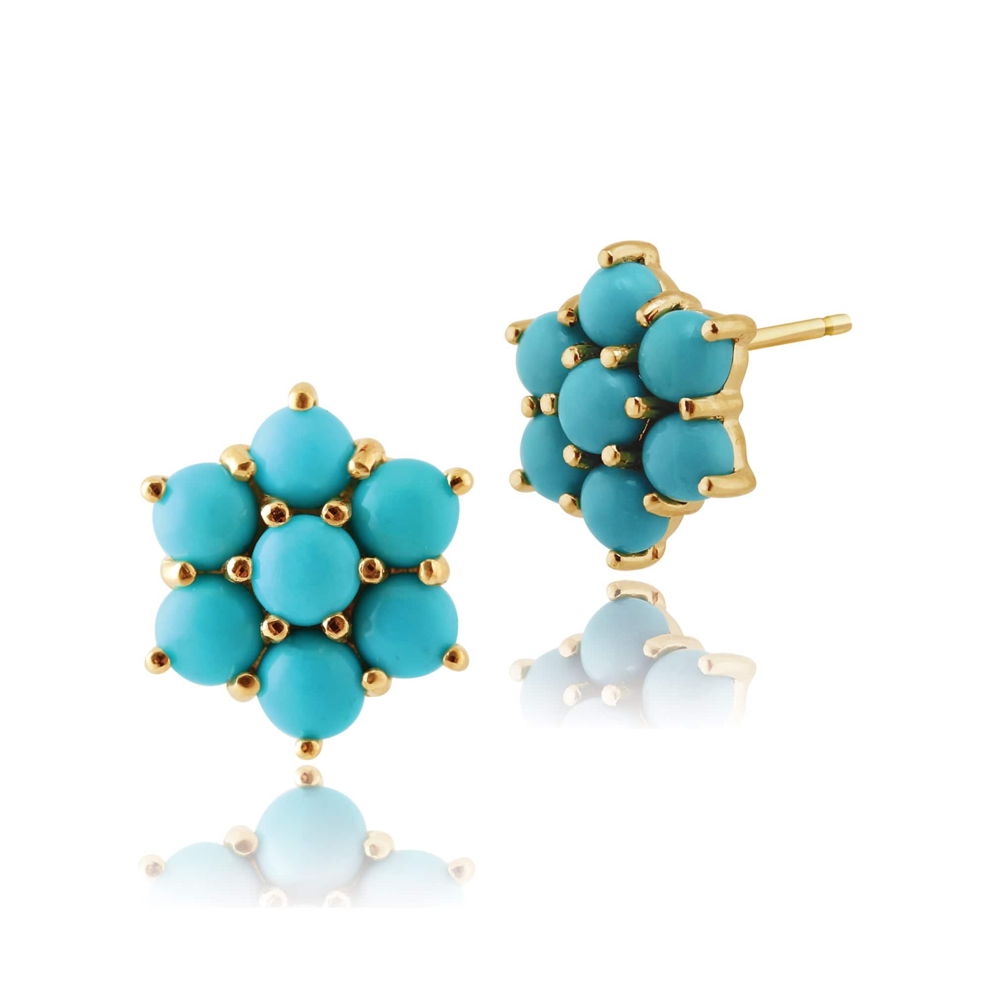Floral Turquoise Cabochon Cluster Stud Earrings in 9ct Yellow Gold