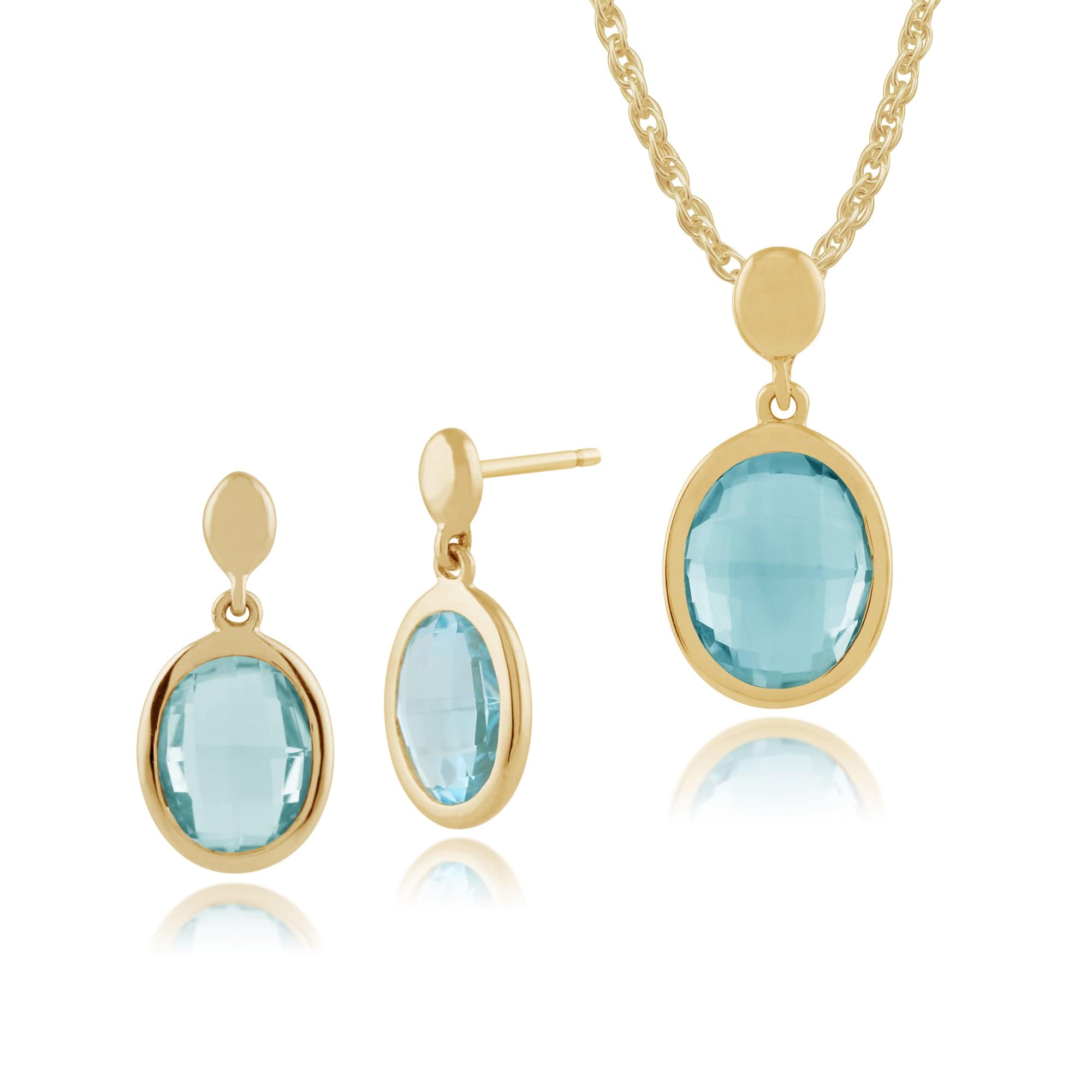 135E1096029-135P1474029 Classic Oval Blue Topaz Bezel Drop Earrings & Pendant Set in 9ct Yellow Gold 1