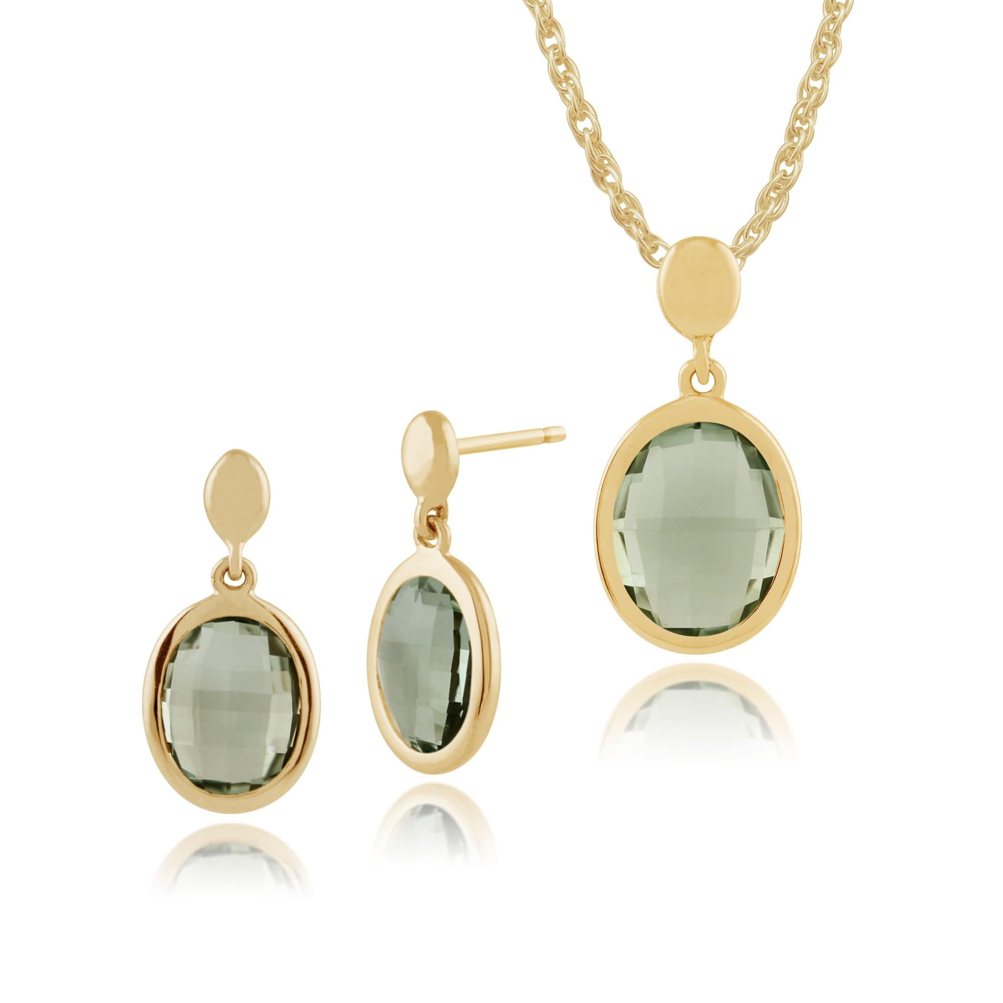 135E1096039-135P1474039 Classic Oval Mint Quartz Bezel Drop Earrings & Pendant Set in 9ct Yellow Gold 1