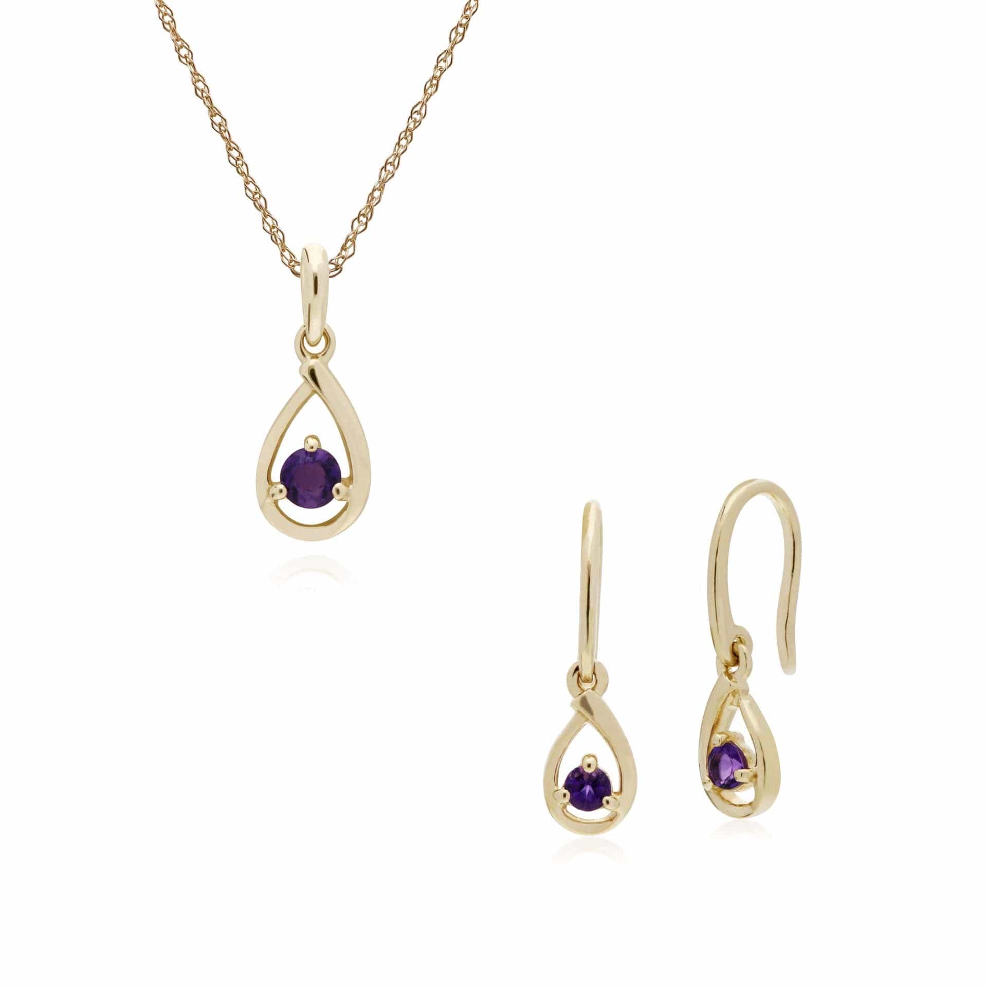 135E1190059-135P1551059 Classic Round Amethyst Single Stone Tear Drop Earrings & Necklace Set in 9ct Yellow Gold 1