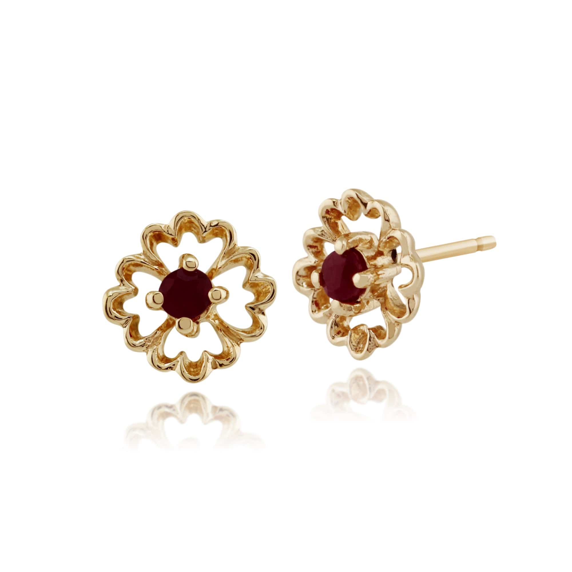Floral Round Ruby Stud Earrings in 9ct Yellow Gold - Gemondo