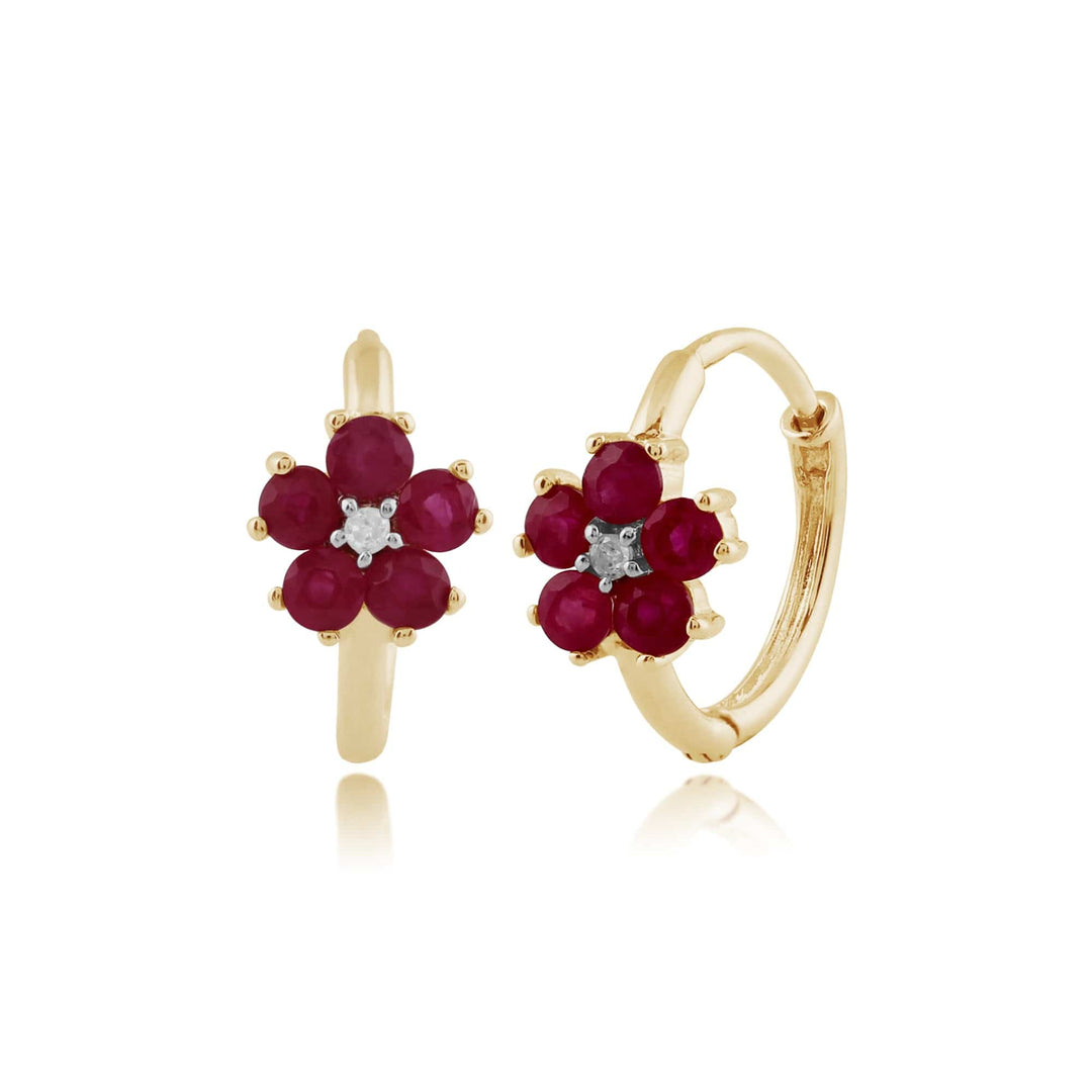 Floral Round Ruby & Diamond Hoop Earrings in 9ct Yellow Gold