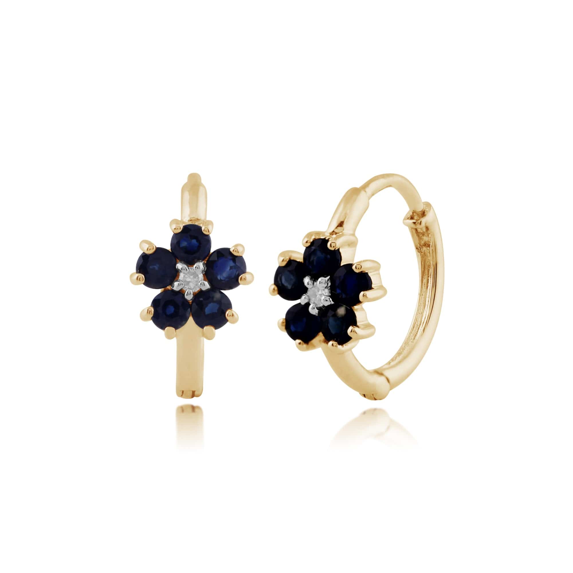 Floral Round Sapphire & Diamond Hoop Earrings in 9ct Yellow Gold