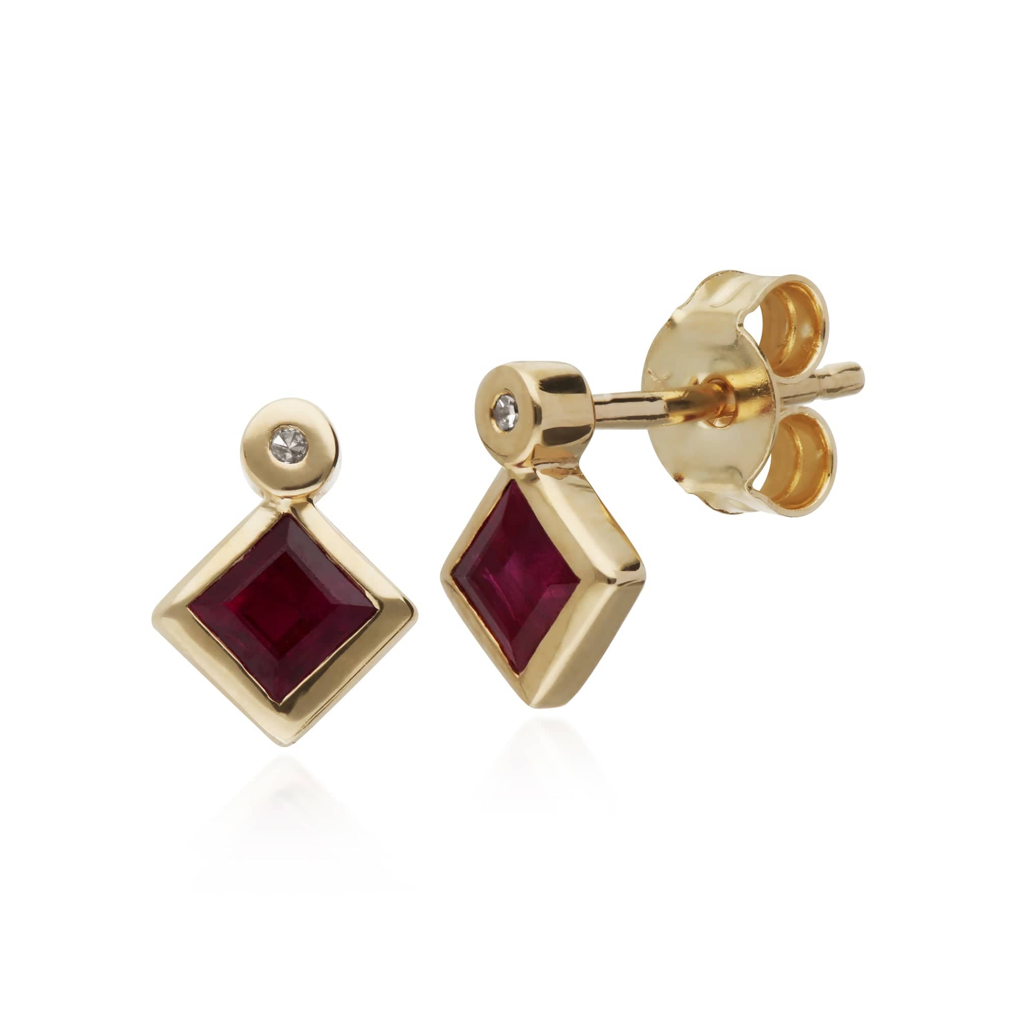 Geometric Square Ruby & Diamond Stud Earrings in 9ct Yellow Gold - Gemondo