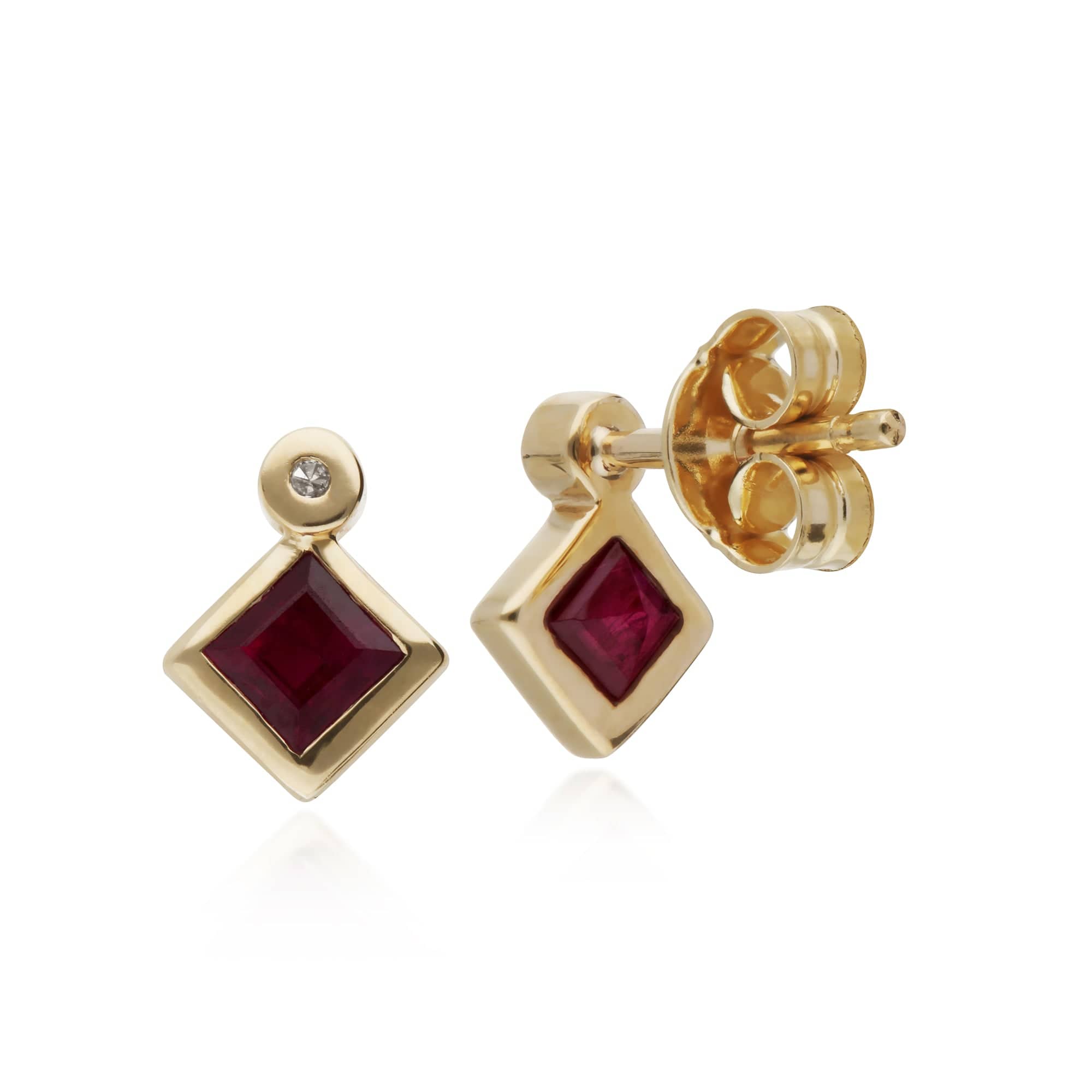 Geometric Square Ruby & Diamond Stud Earrings in 9ct Yellow Gold - Gemondo