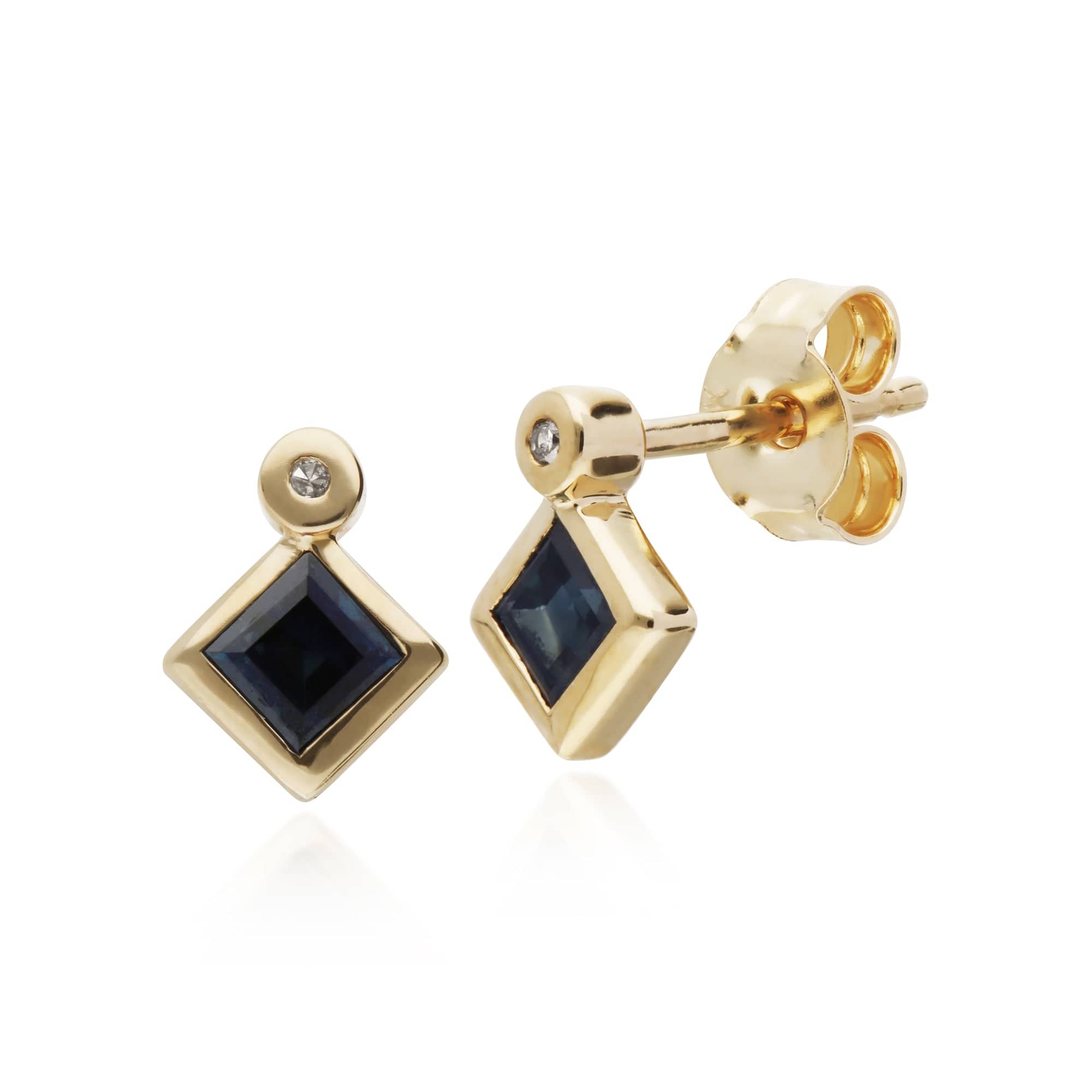 Geometric Square Sapphire & Diamond Stud Earrings in 9ct Yellow Gold