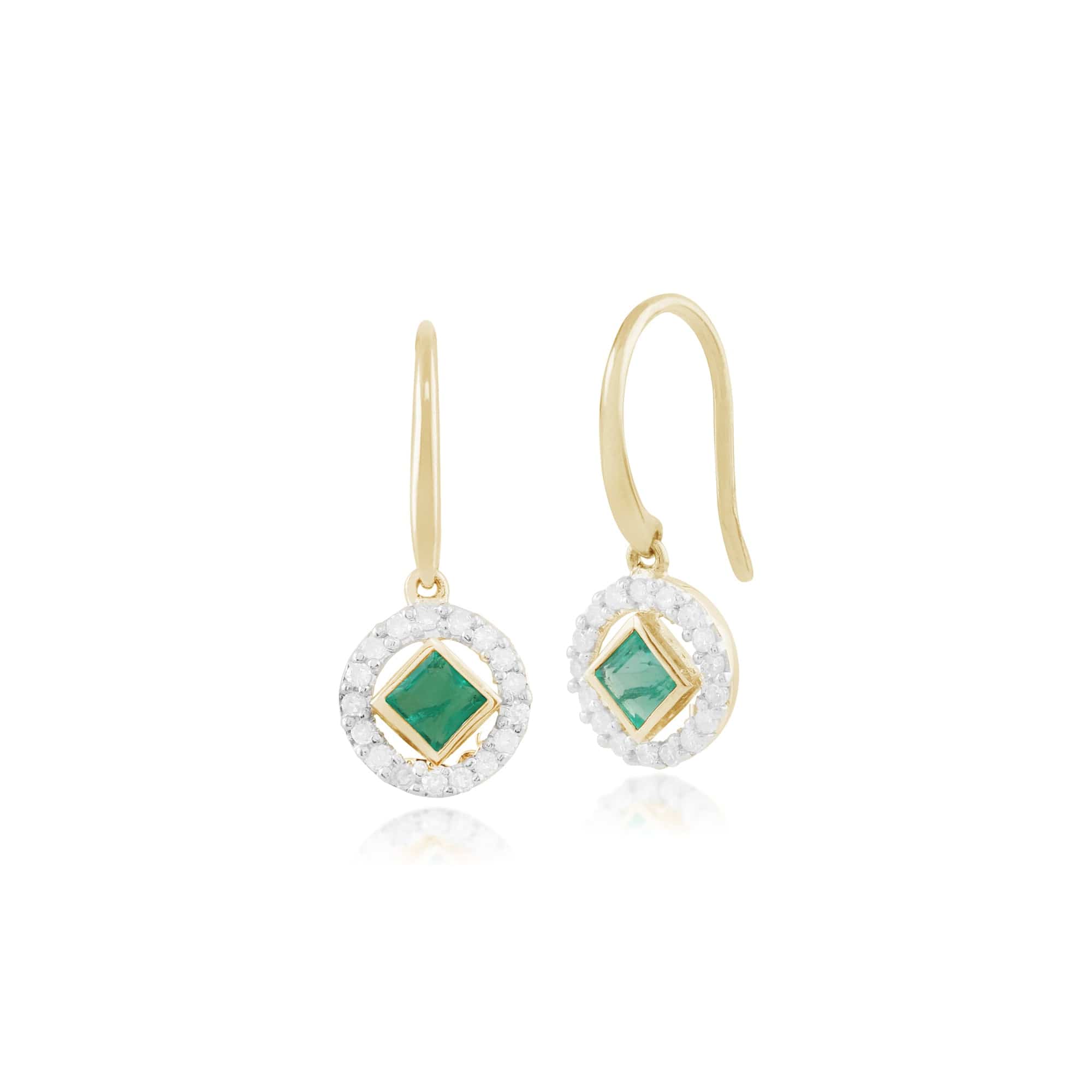 Classic Square Emerald & Diamond Halo Drop Earrings in 9ct Yellow Gold - Gemondo
