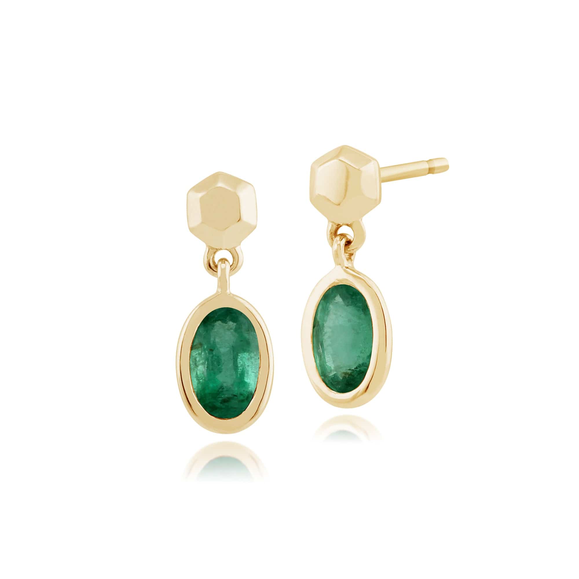Classic Oval Emerald Bezel Set Drop Earrings in 9ct Yellow Gold - Gemondo