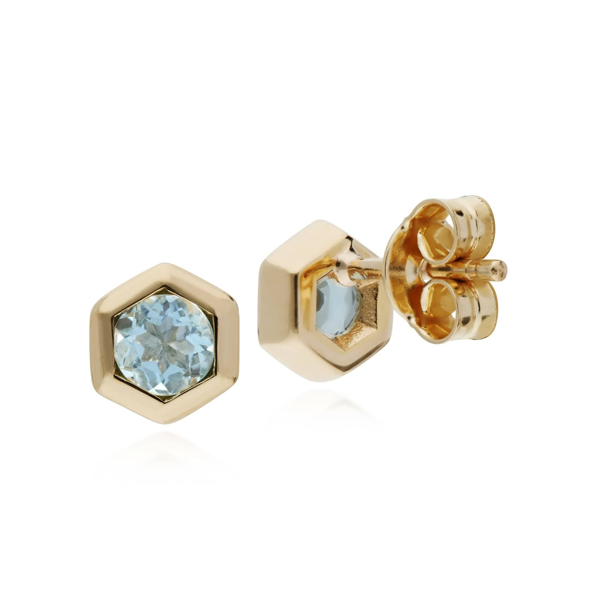 Geometric Hexagon 9ct Yellow Gold Aquamarine Stud Earrings - Gemondo