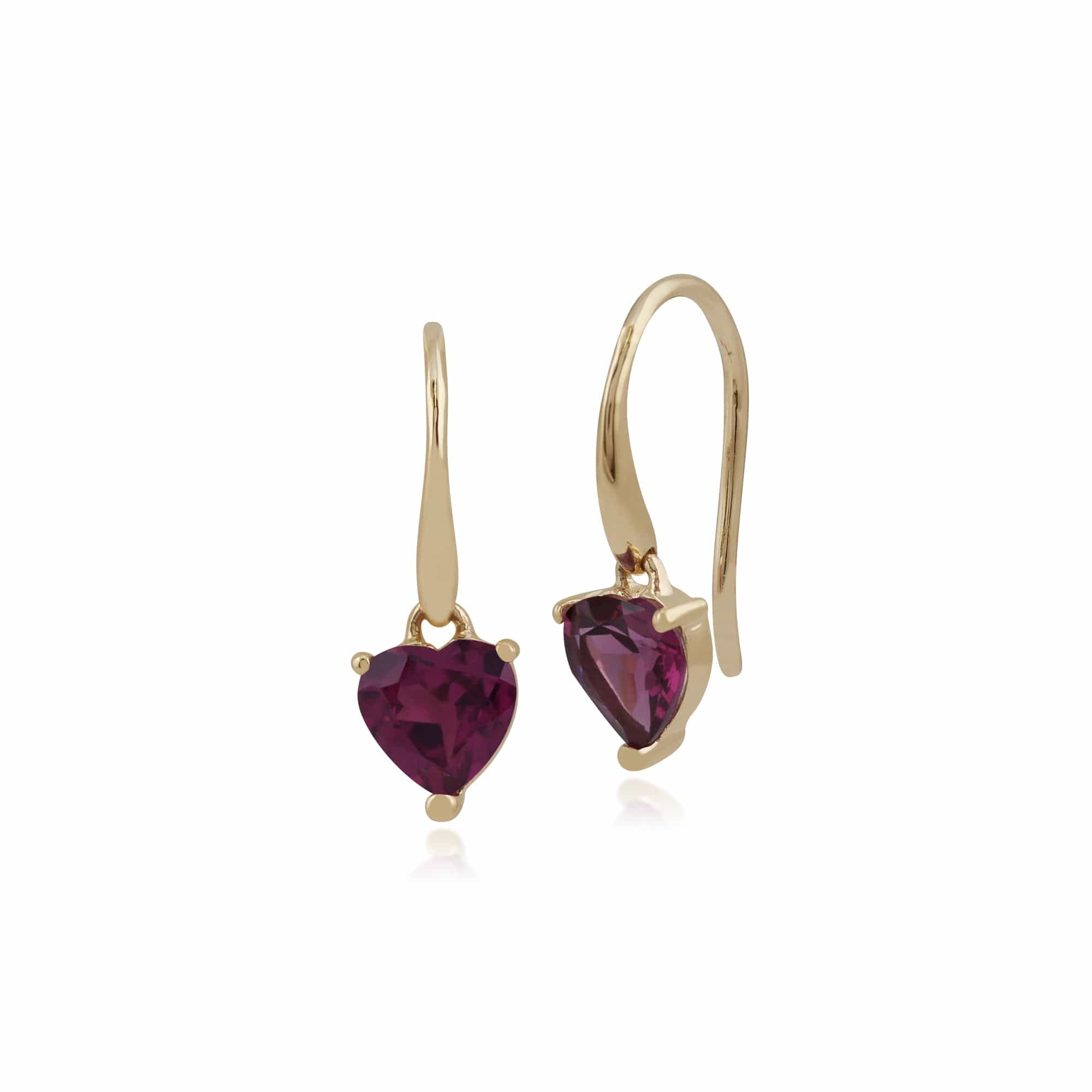 Classic Heart Rhodolite Garnet Claw Set Heart Drop Earrings in 9ct Yellow Gold - Gemondo