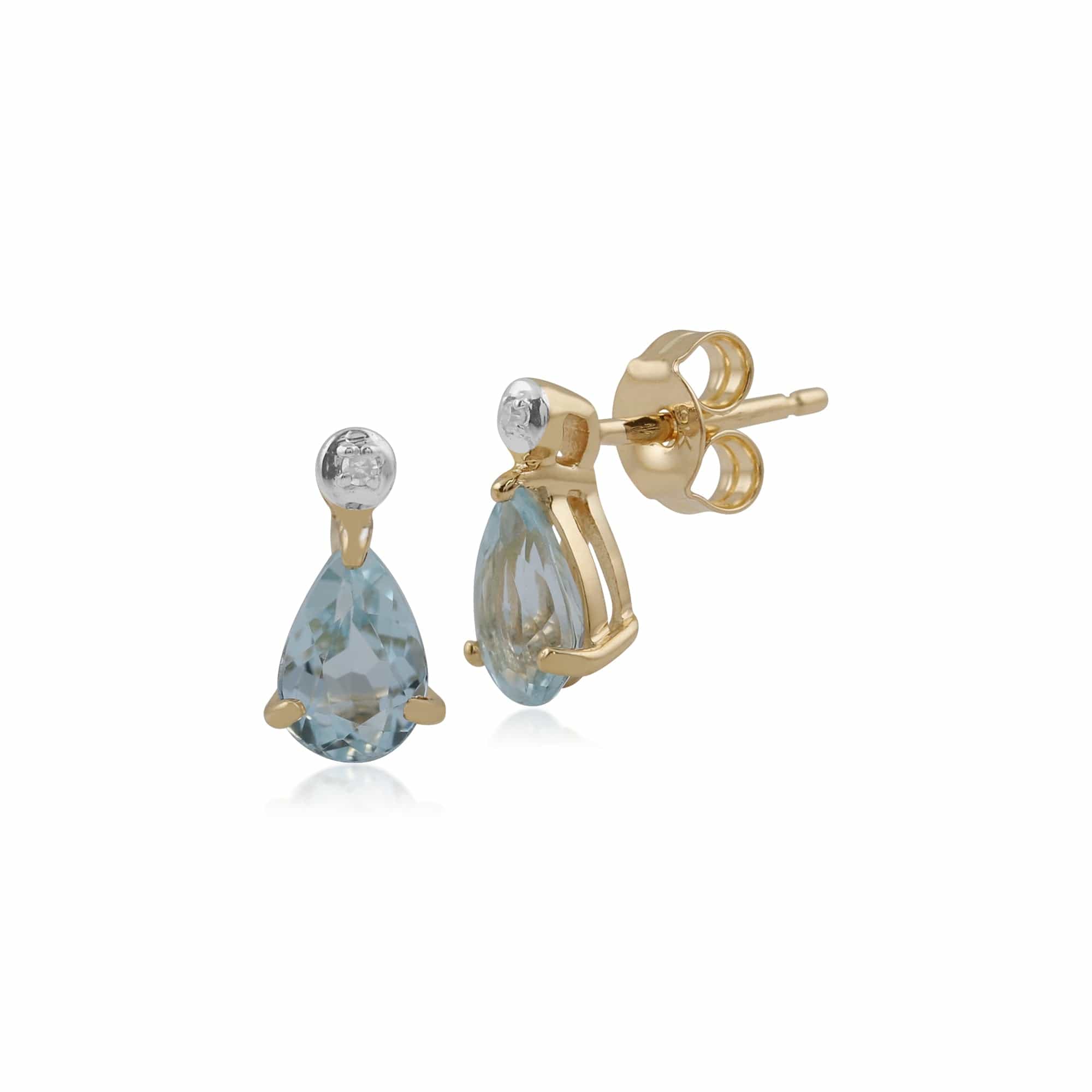 Classic Pear Blue Topaz & Diamond Stud Earrings & Pendant Set in 9ct Yellow Gold - Gemondo