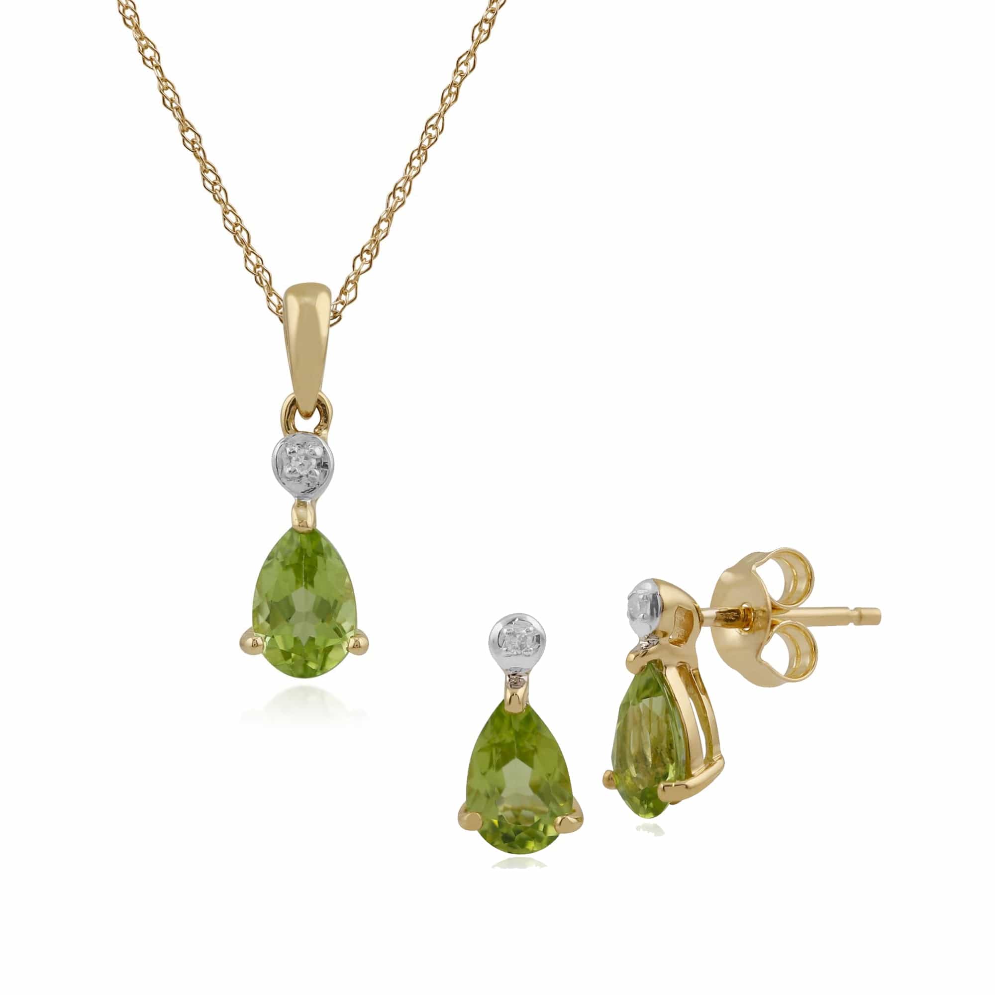 Classic Pear Peridot & Diamond Stud Earrings & Pendant Set in 9ct Yellow Gold - Gemondo