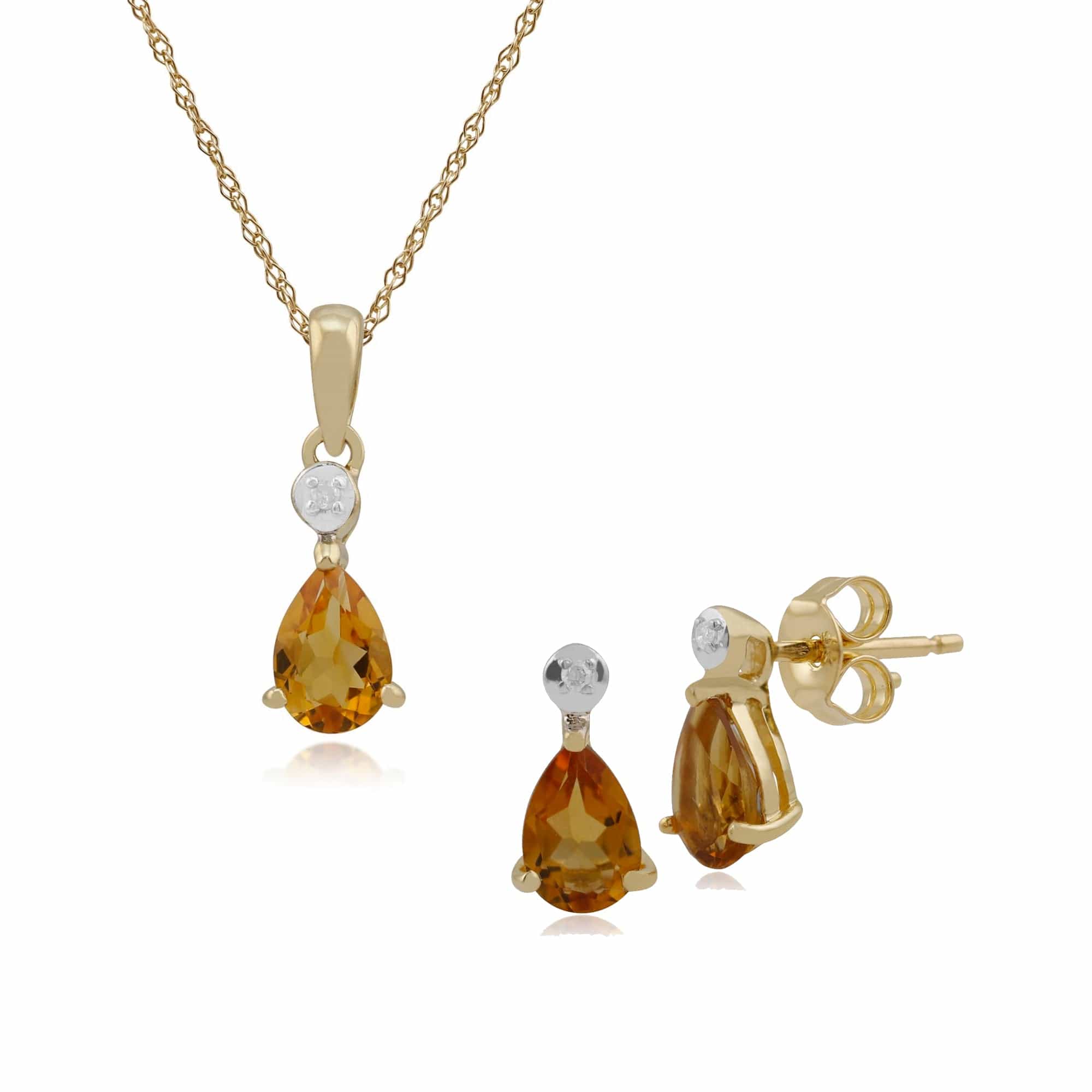 Classic Pear Citrine & Diamond Stud Earrings & Pendant Set in 9ct Yellow Gold - Gemondo