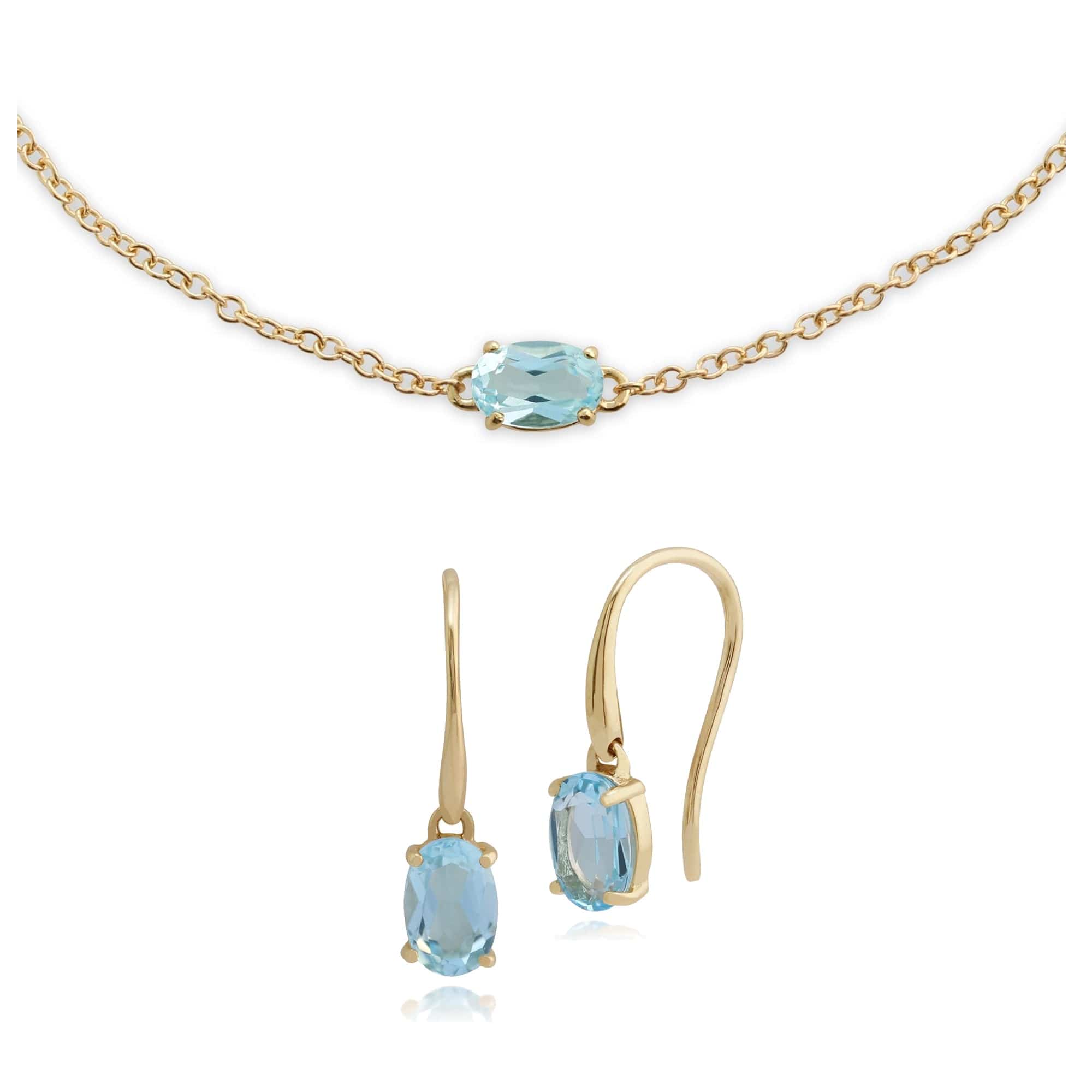 135E1289059-135L0220059 Classic Oval Blue Topaz Single Stone Drop Earrings & Bracelet Set in 9ct Yellow Gold 1