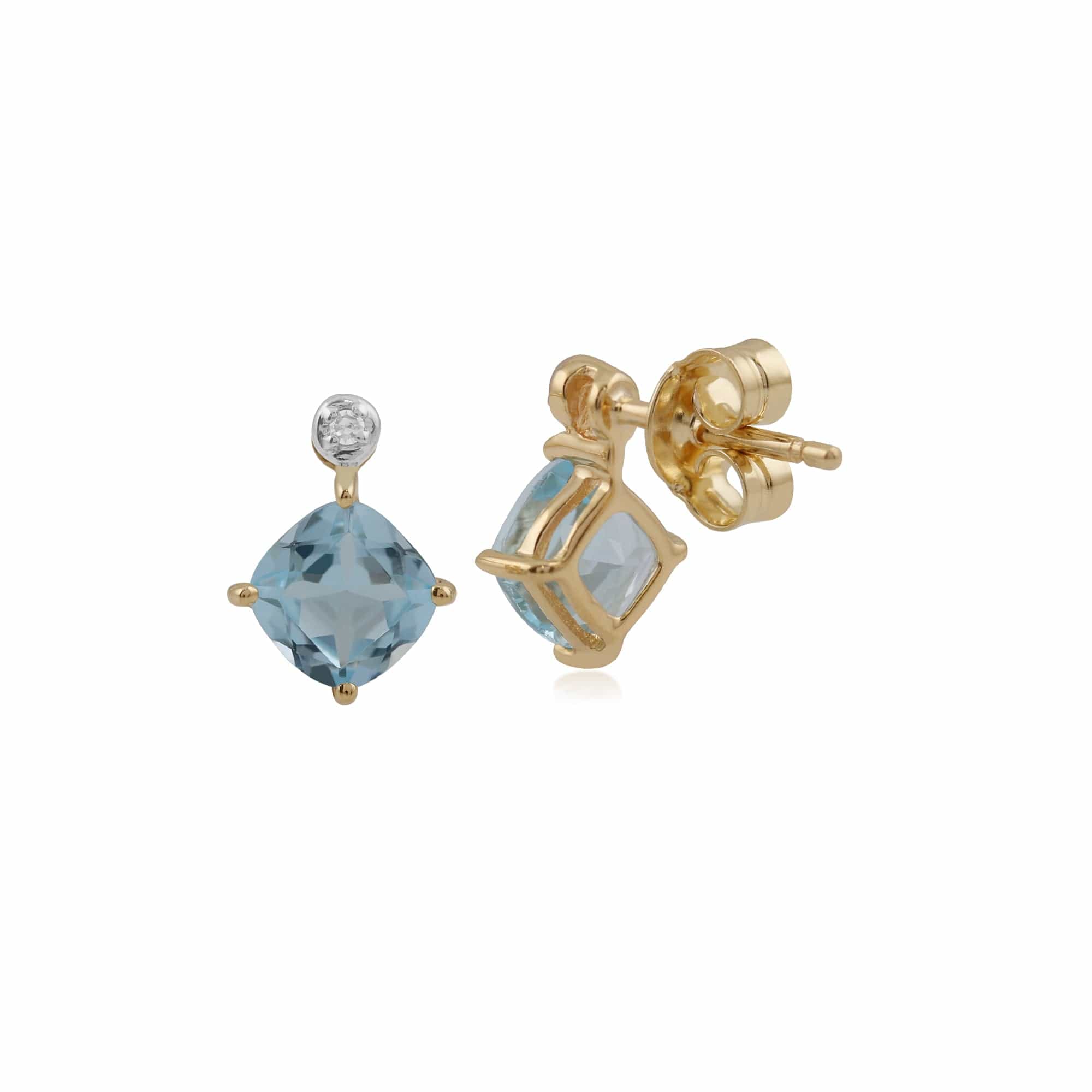 Classic Square Blue Topaz & Diamond Stud Earrings in 9ct Yellow Gold - Gemondo