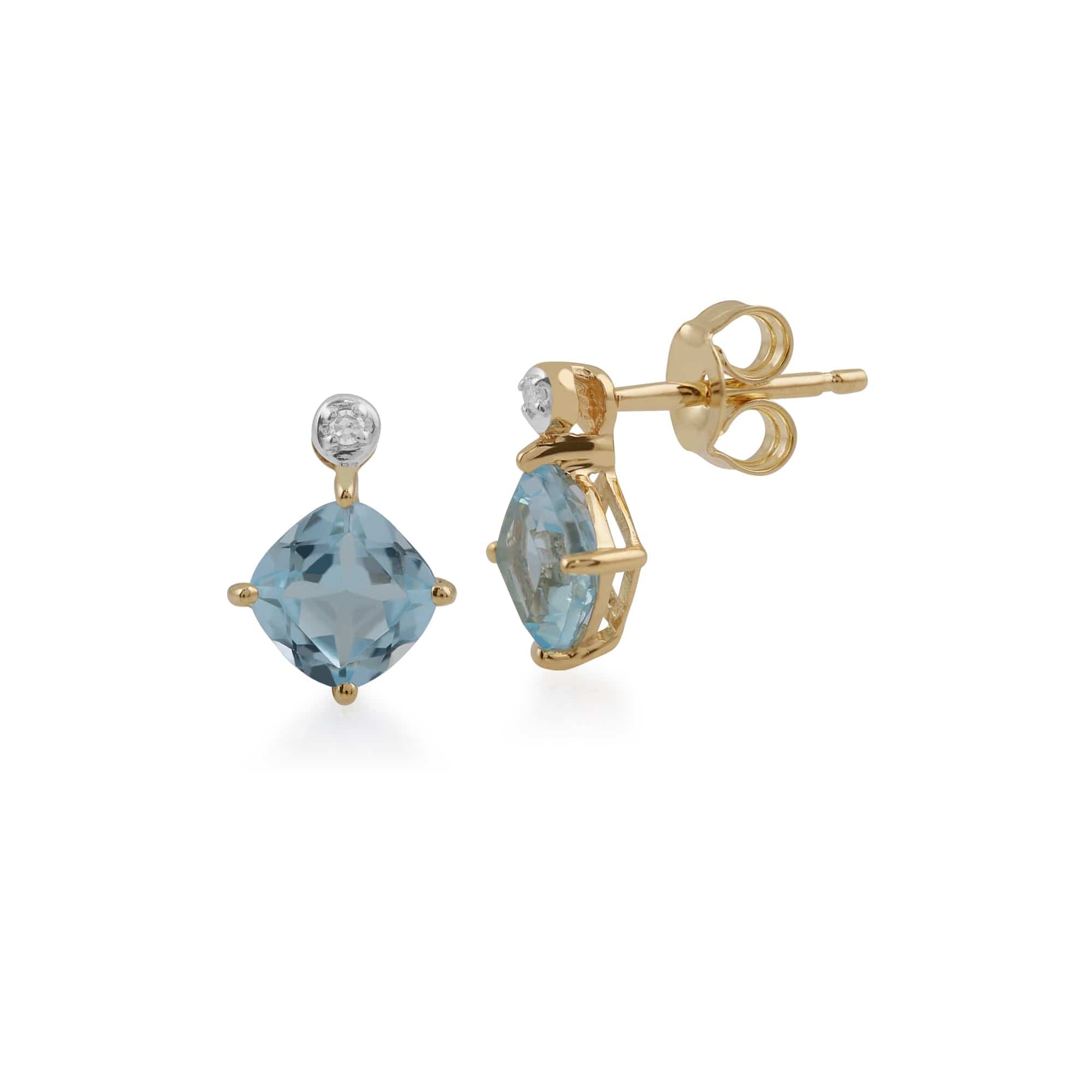 Classic Square Blue Topaz & Diamond Stud Earrings in 9ct Yellow Gold - Gemondo