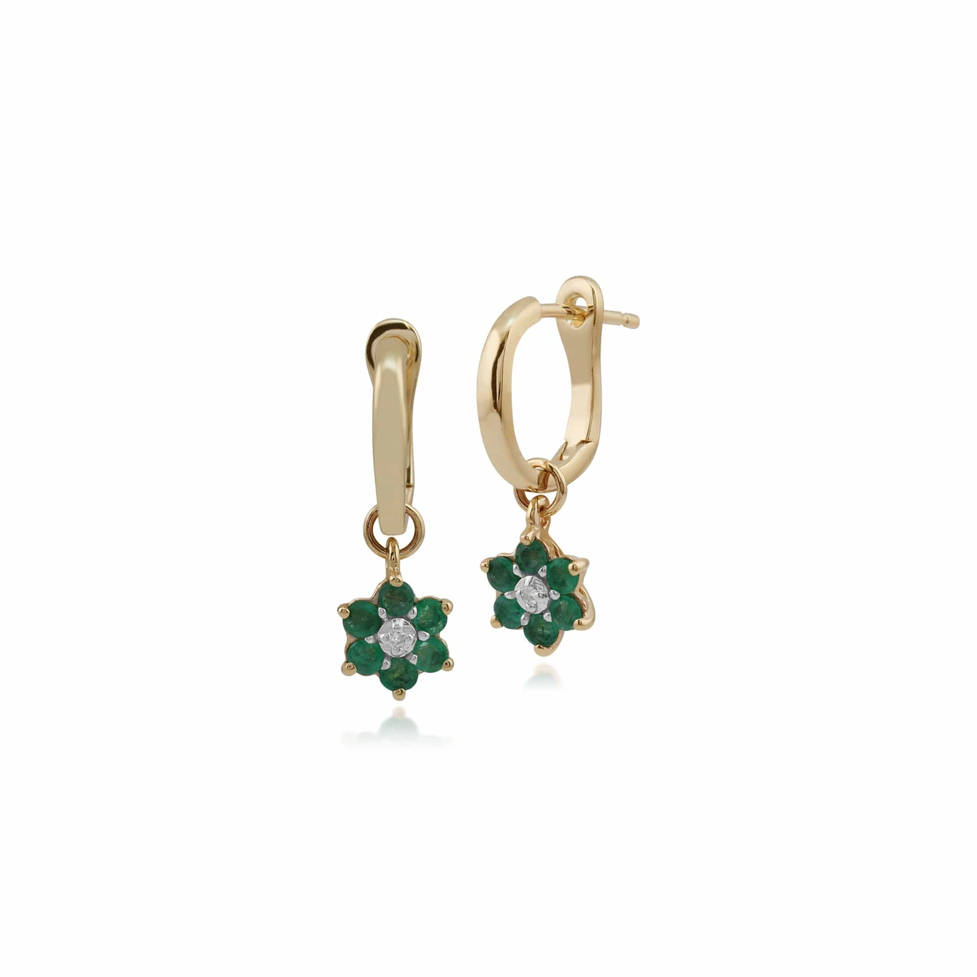 Floral Round Emerald & Diamond Omega Clip Hoop Earrings in 9ct Yellow Gold