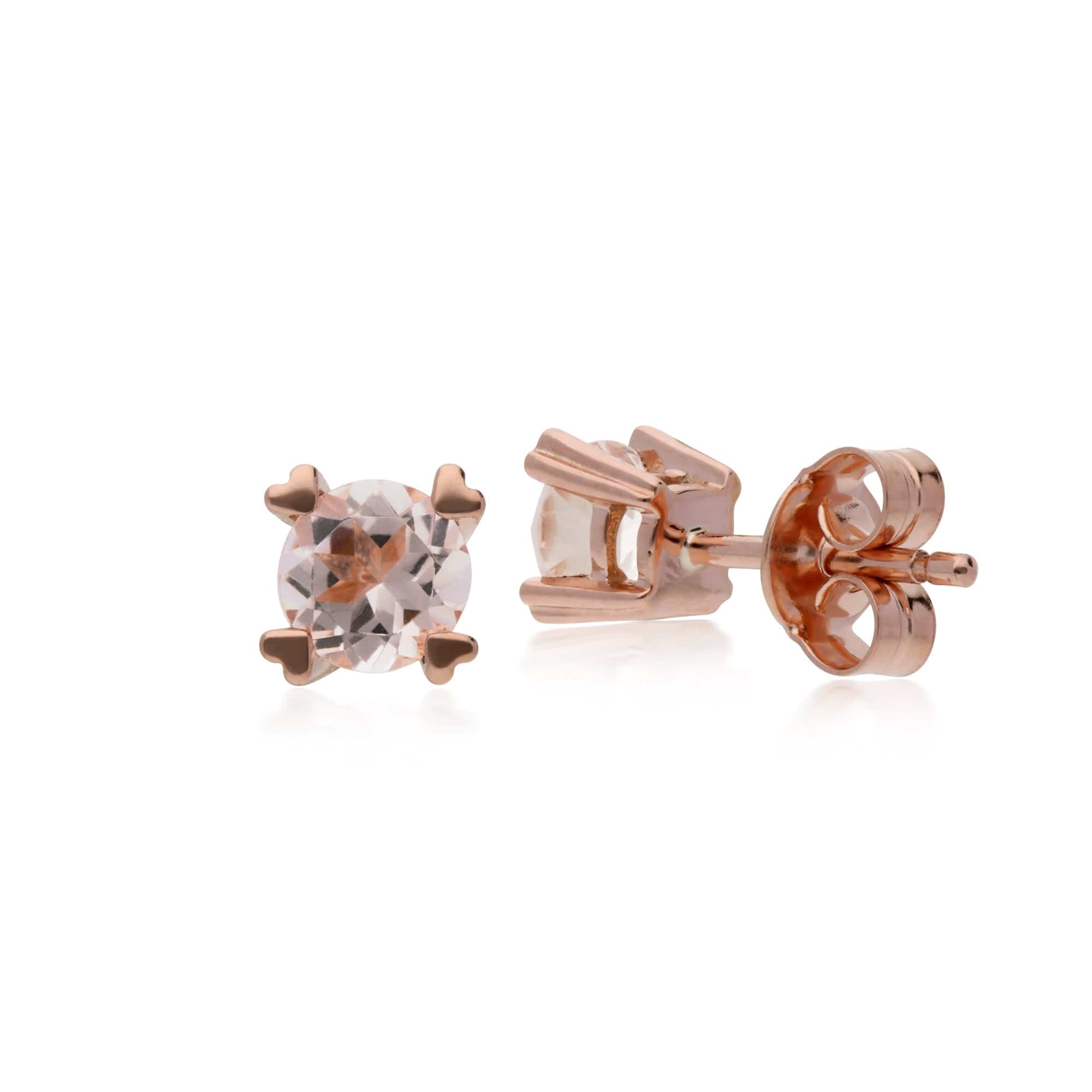 Classic Round Morganite Heart Claw Set Stud Earrings in 9ct Rose Gold - Gemondo