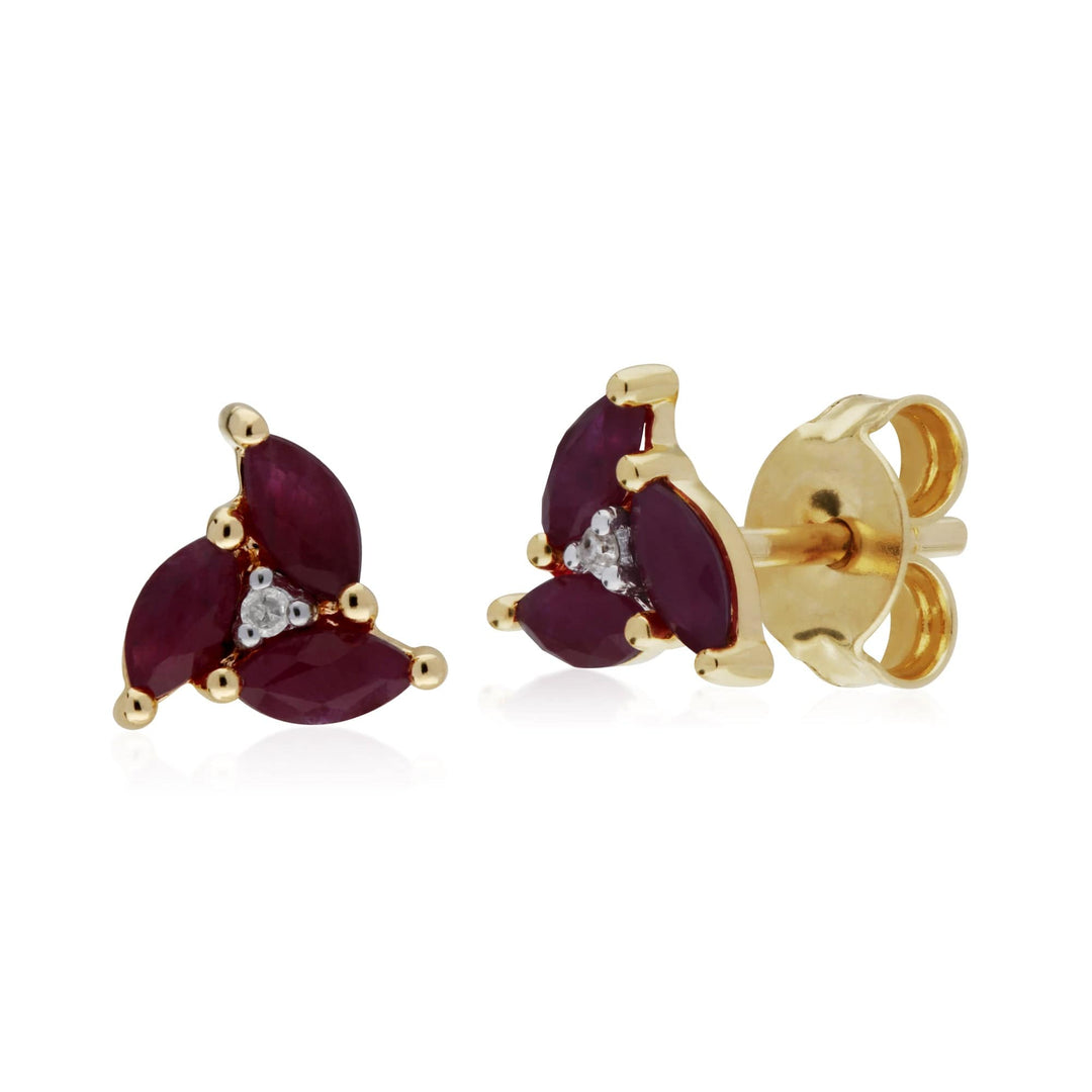 135E1488029 Floral Marquise Ruby & Diamond Stud Earrings in 9ct Yellow Gold 1
