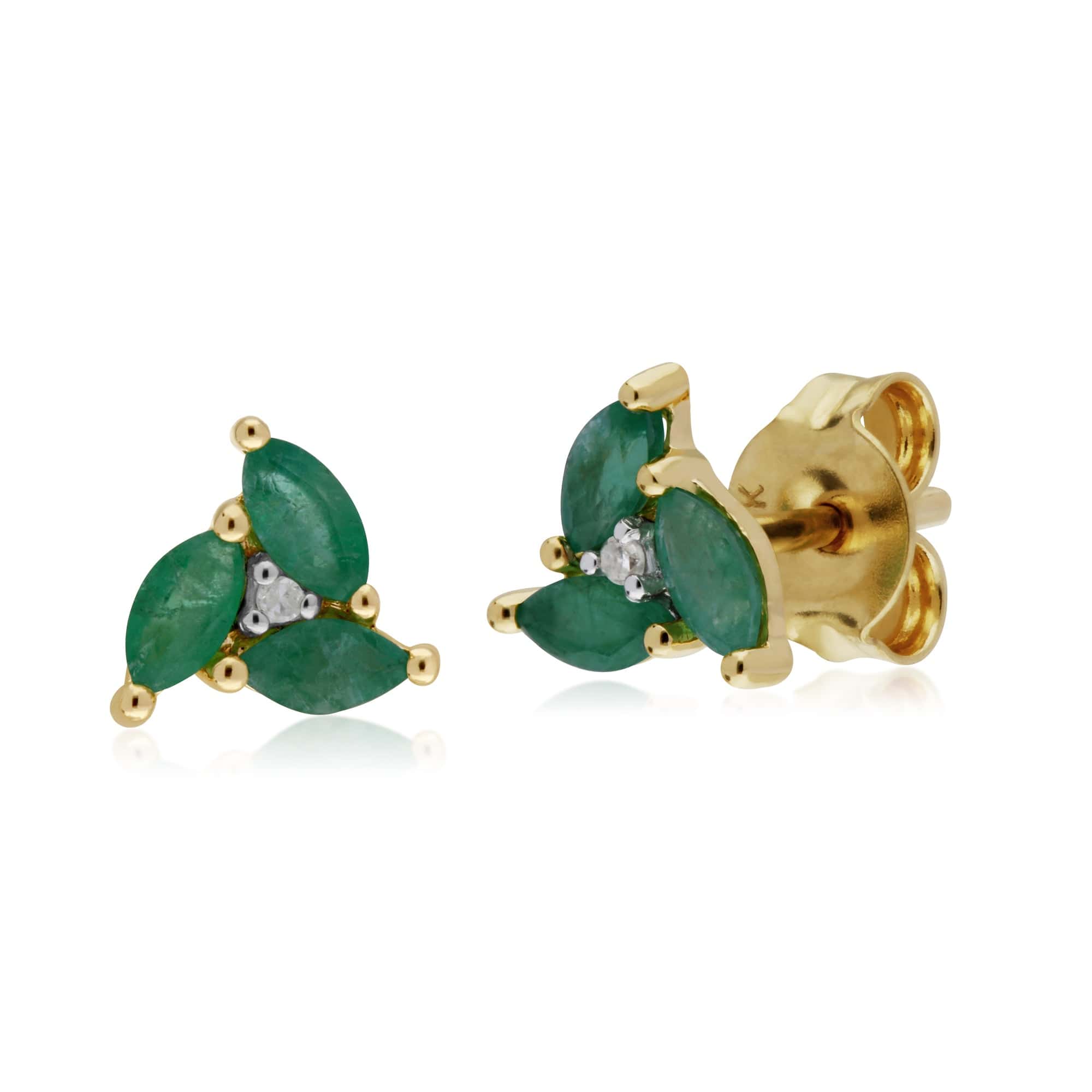 Floral Marquise Emerald & Diamond Stud Earrings in 9ct Yellow Gold