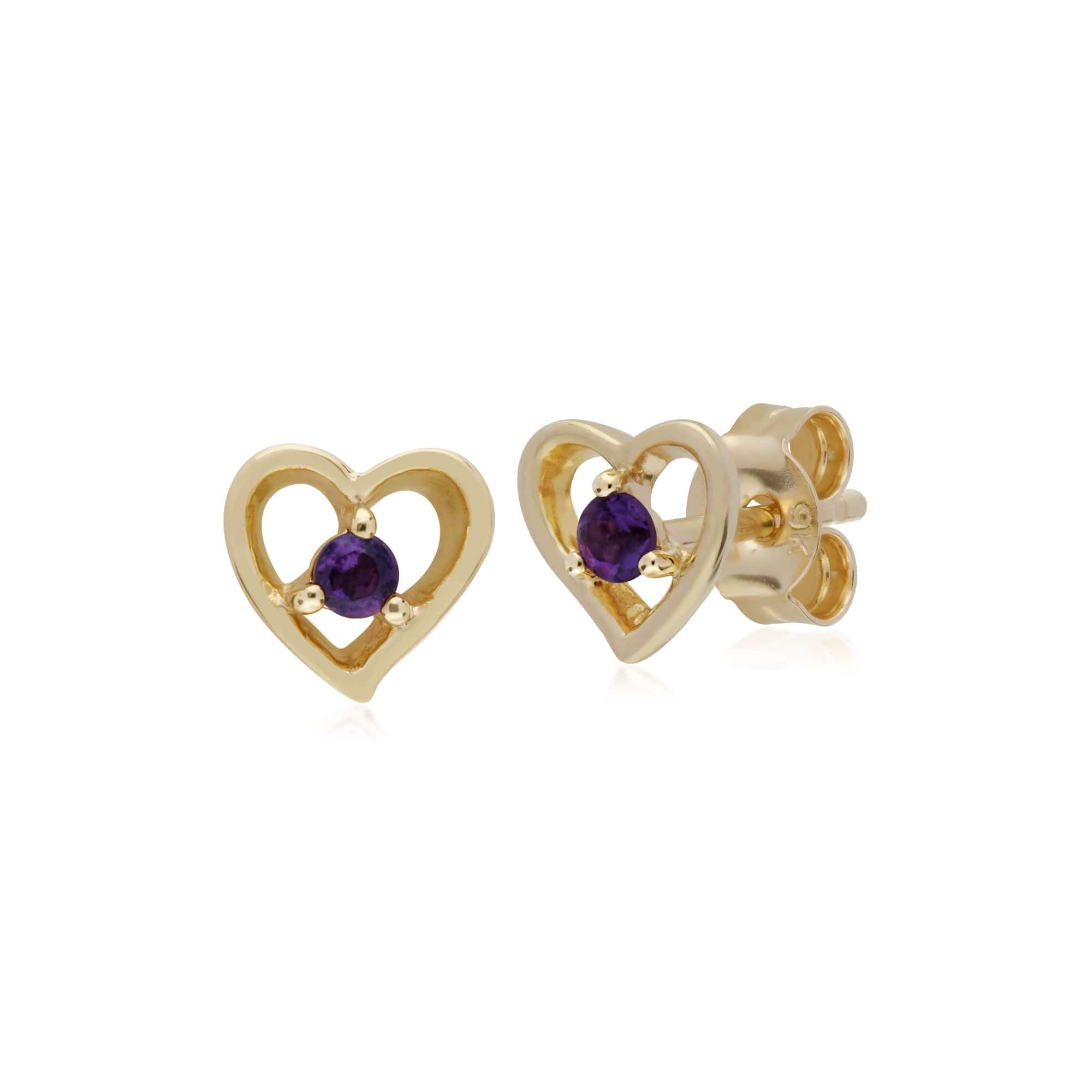135E1521059 Classic Single Stone Round Amethyst Open Love Heart Stud Earrings in 9ct Yellow Gold 1