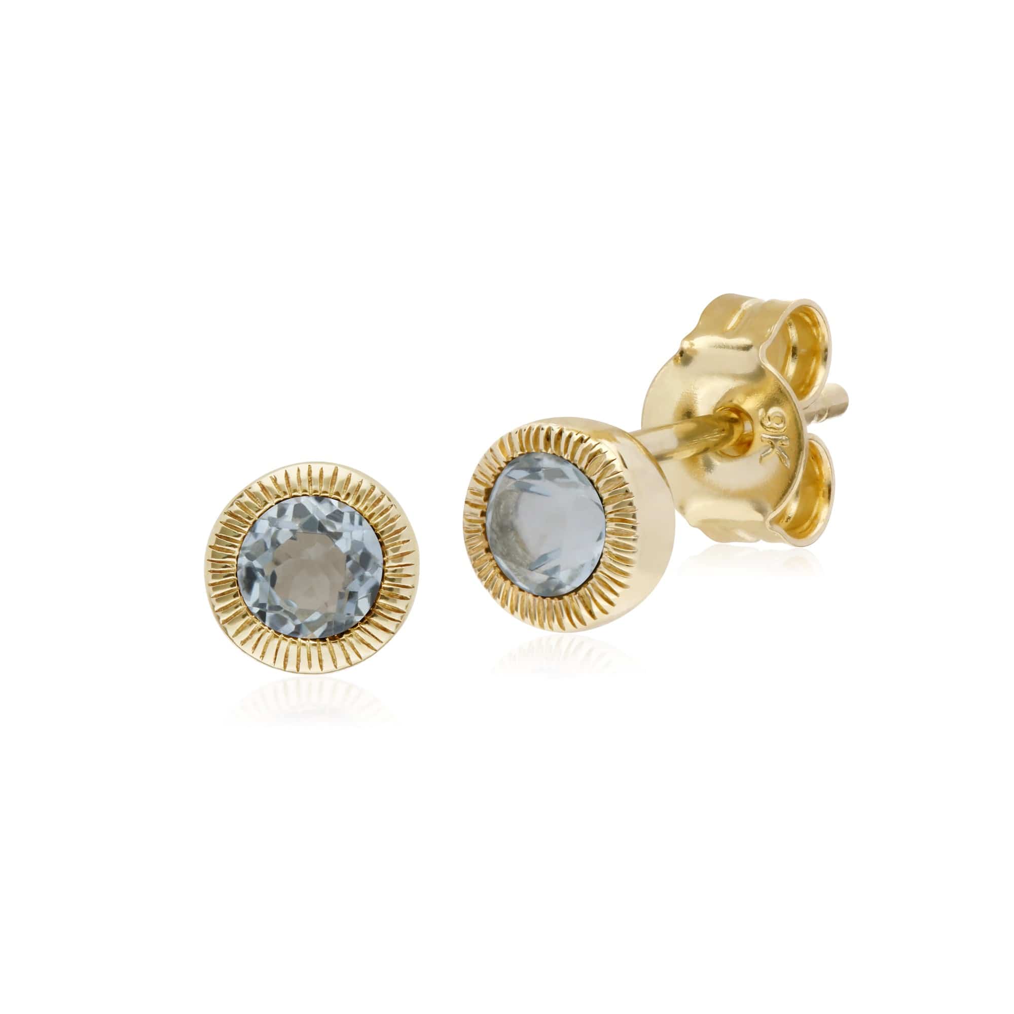 135E1522049 Classic Single Stone Round Blue Topaz Milgrain Stud Earrings in 9ct Yellow Gold 1