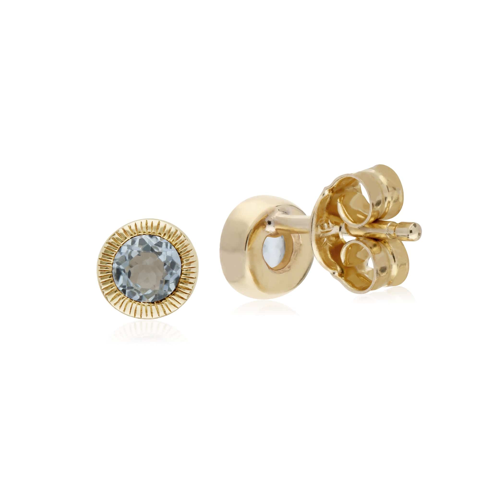 135E1522049 Classic Single Stone Round Blue Topaz Milgrain Stud Earrings in 9ct Yellow Gold 2