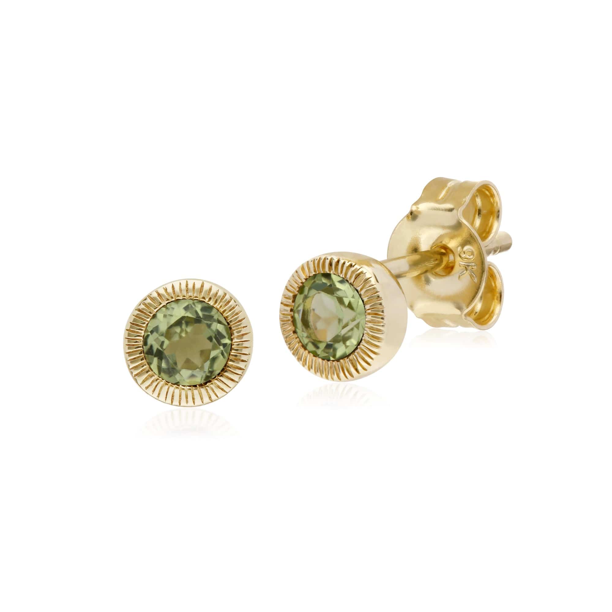 135E1522069 Classic Single Stone Round Peridot Milgrain Stud Earrings in 9ct Yellow Gold 1