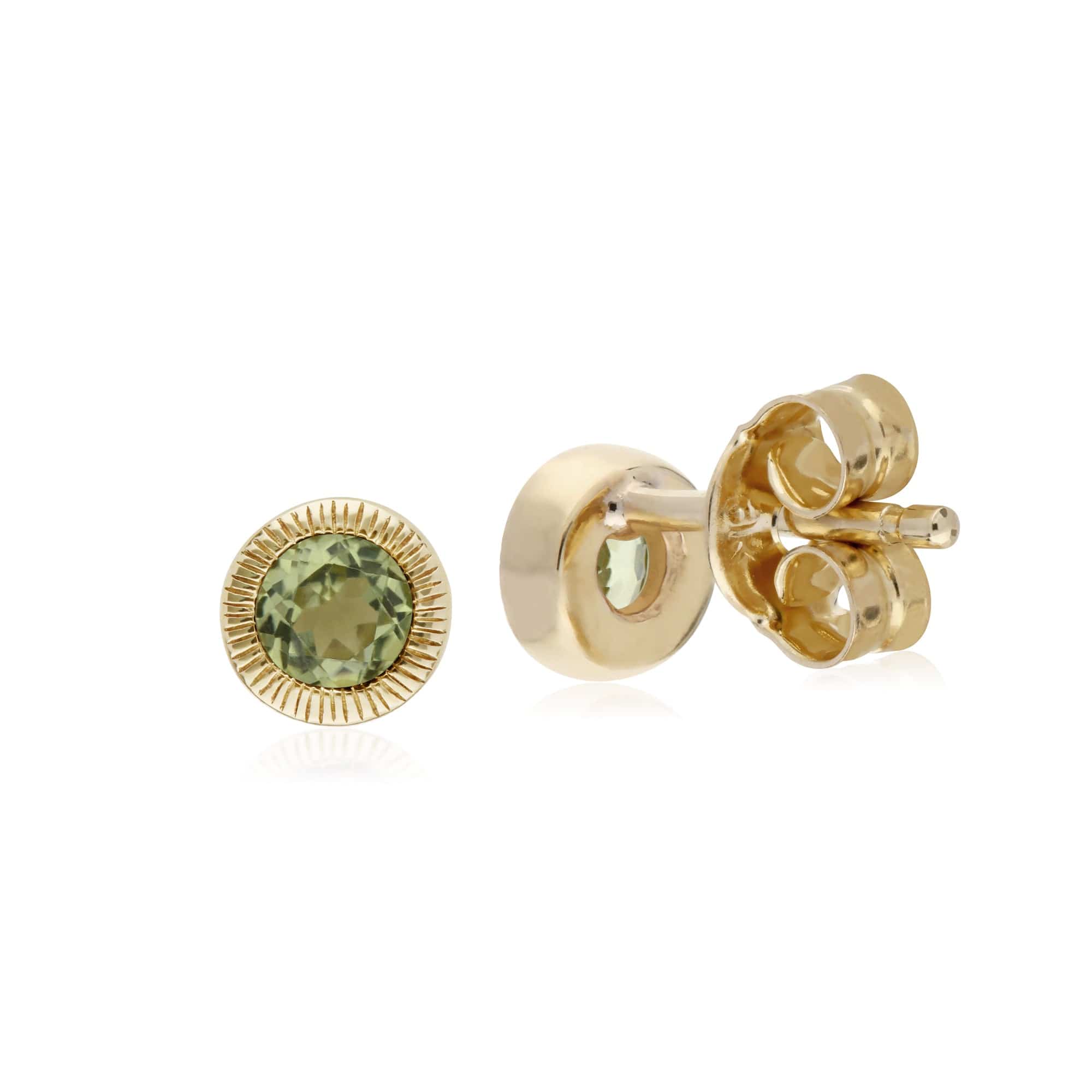135E1522069 Classic Single Stone Round Peridot Milgrain Stud Earrings in 9ct Yellow Gold 2