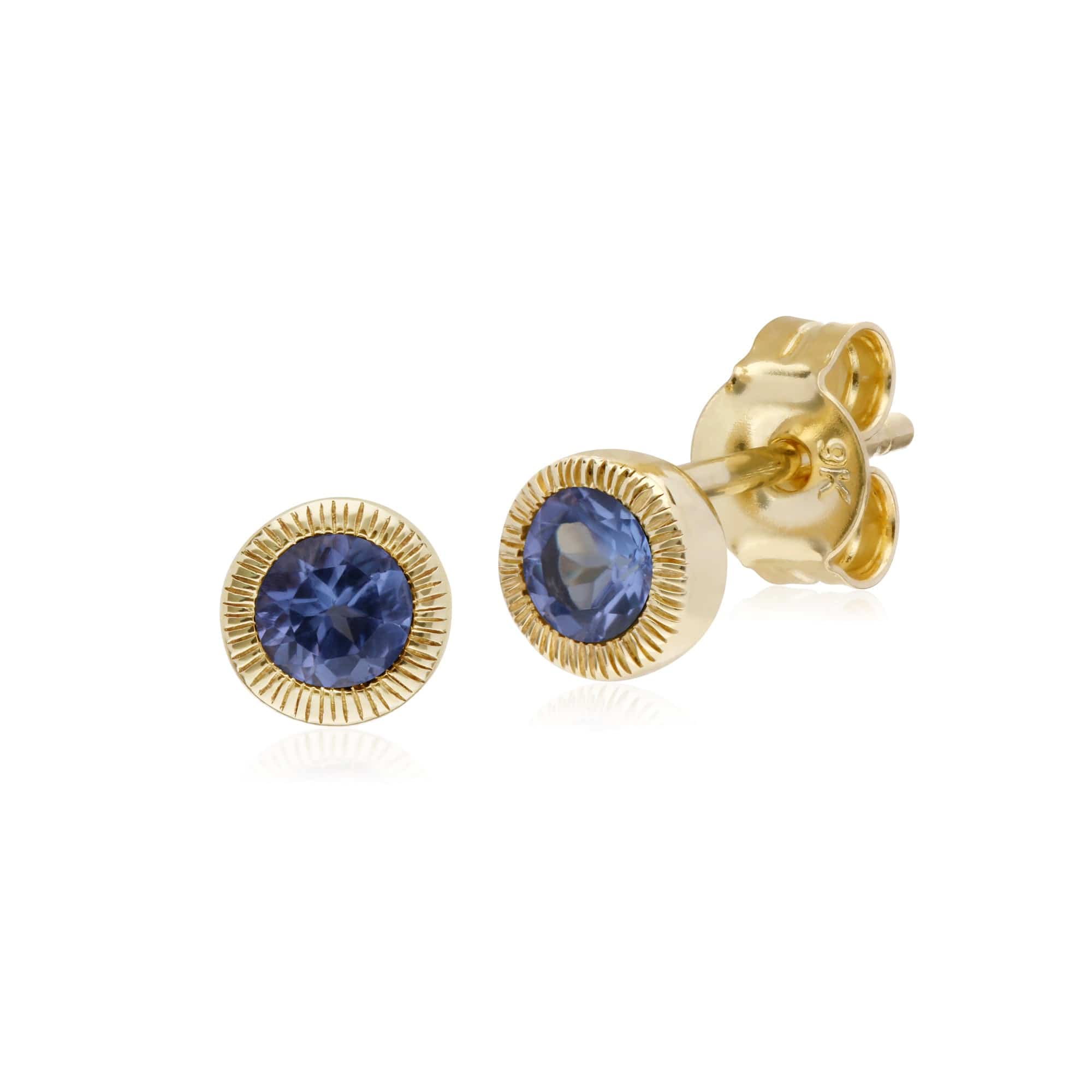135E1522089 Classic Single Stone Round Tanzanite Milgrain Stud Earrings in 9ct Yellow Gold 1