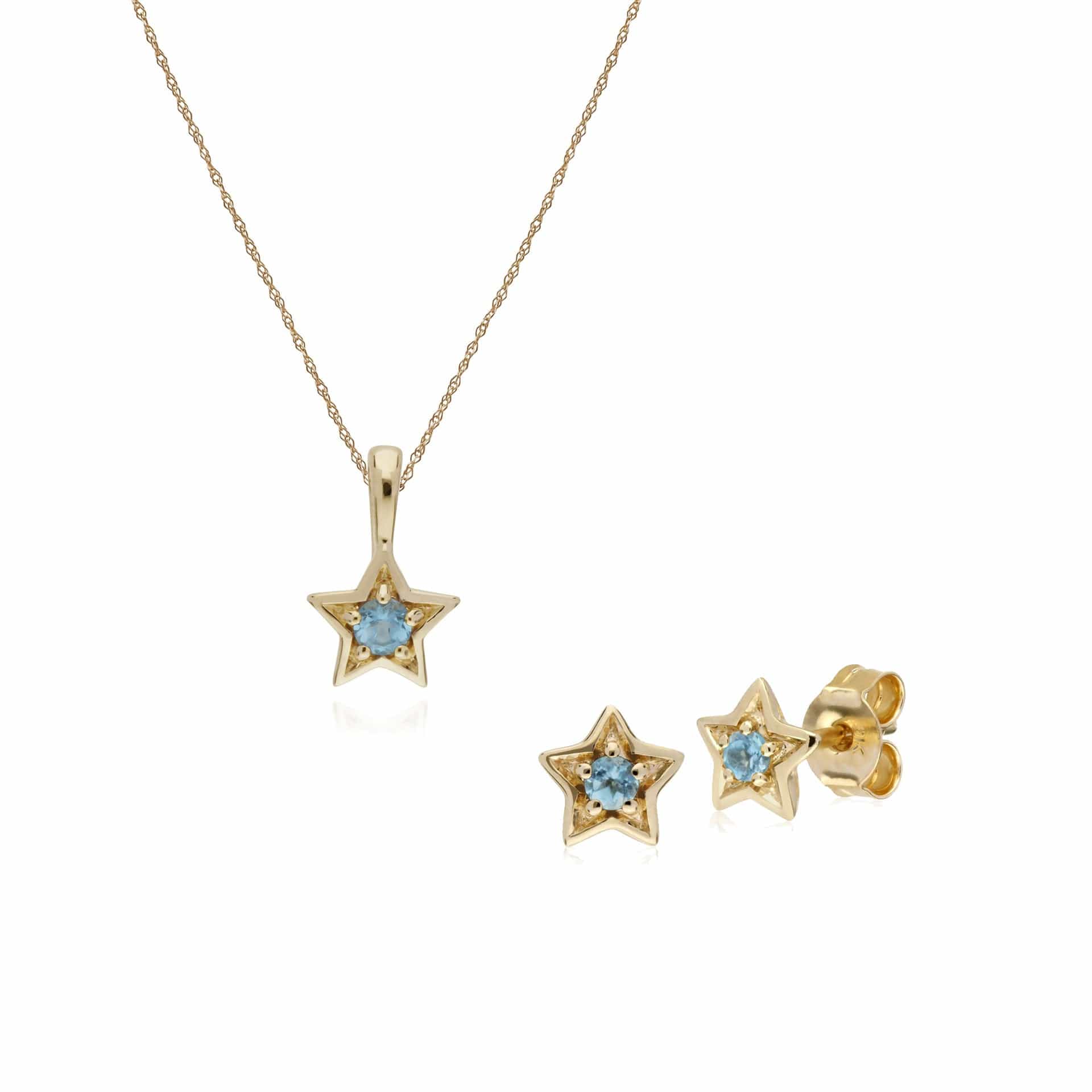 135E1523049-135P1874049 Contemporary Round Blue Topaz Single Stone Star Earrings & Necklace Set in 9ct Yellow Gold 1