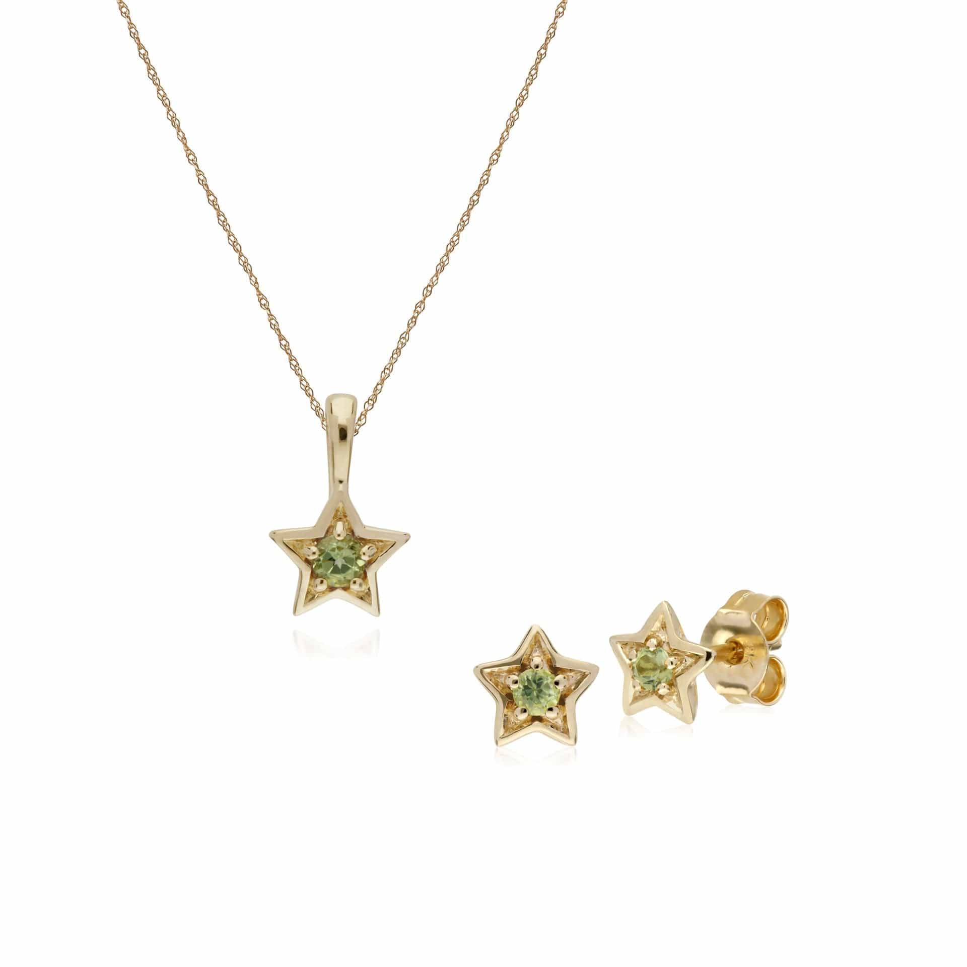 135E1523069-135P1874069 Contemporary Round Peridot Single Stone Star Earrings & Necklace Set in 9ct Yellow Gold 1