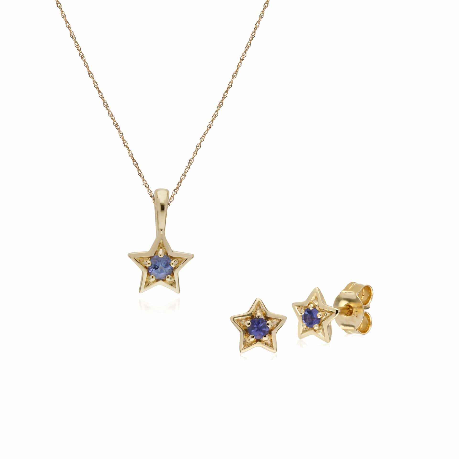 135E1523089-135P1874089 Contemporary Round Tanzanite Single Stone Star Earrings & Necklace Set in 9ct Yellow Gold 1