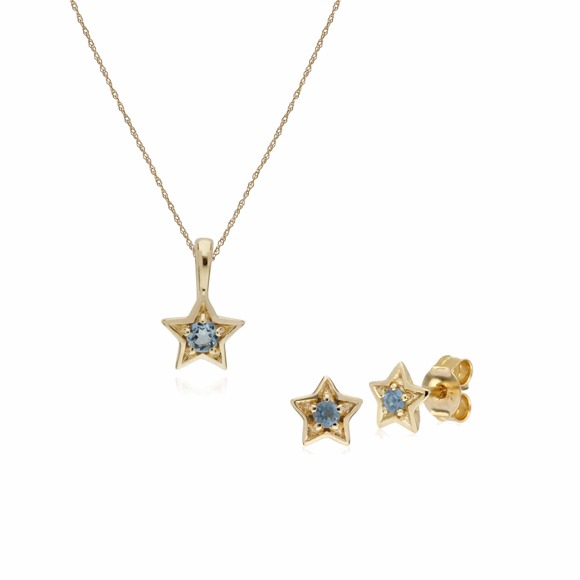 135E1523099-135P1874099 Contemporary Round Aquamarine Single Stone Star Earrings & Necklace Set in 9ct Yellow Gold 1