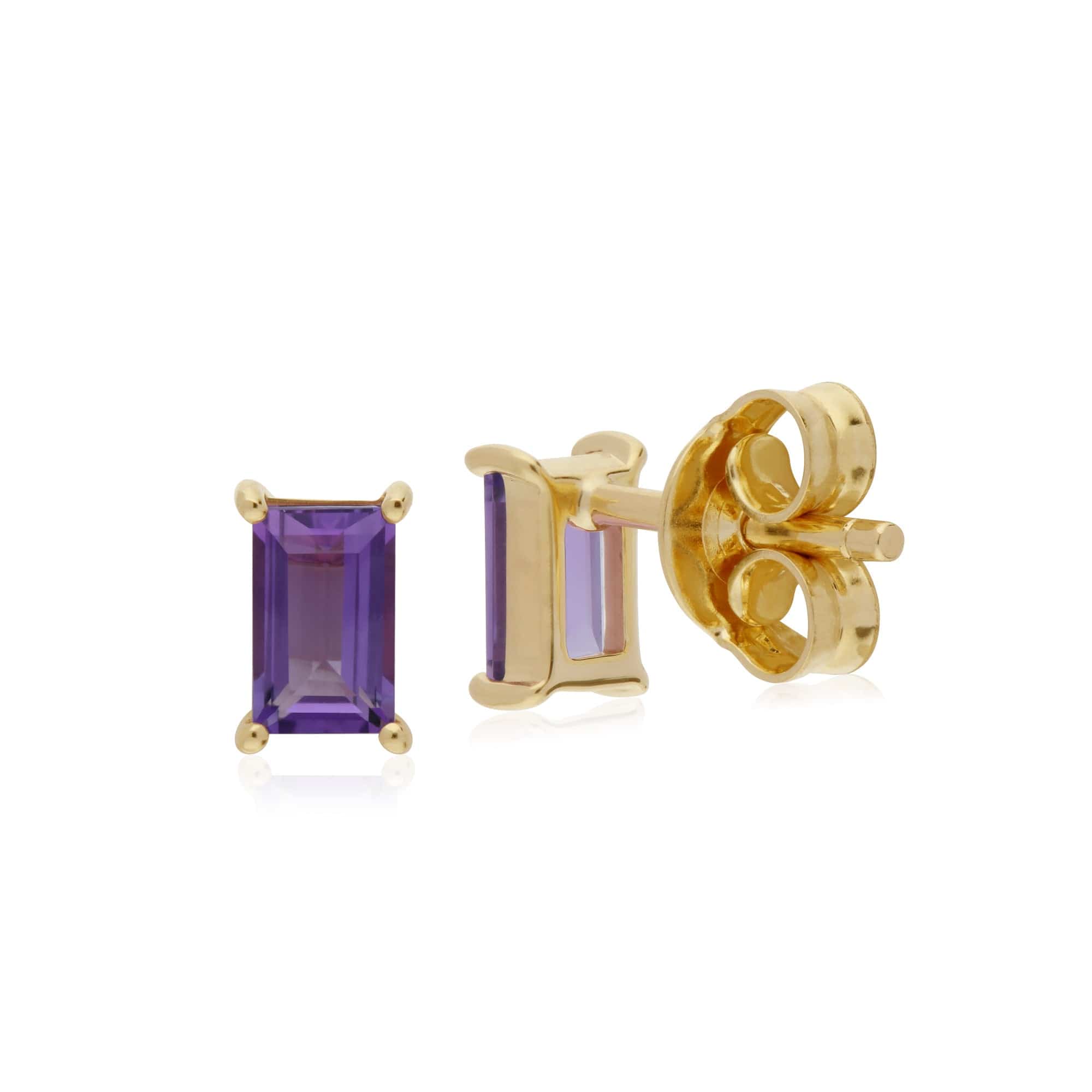 Classic Baguette Amethyst Claw Set Stud Earrings in 9ct Yellow Gold - Gemondo