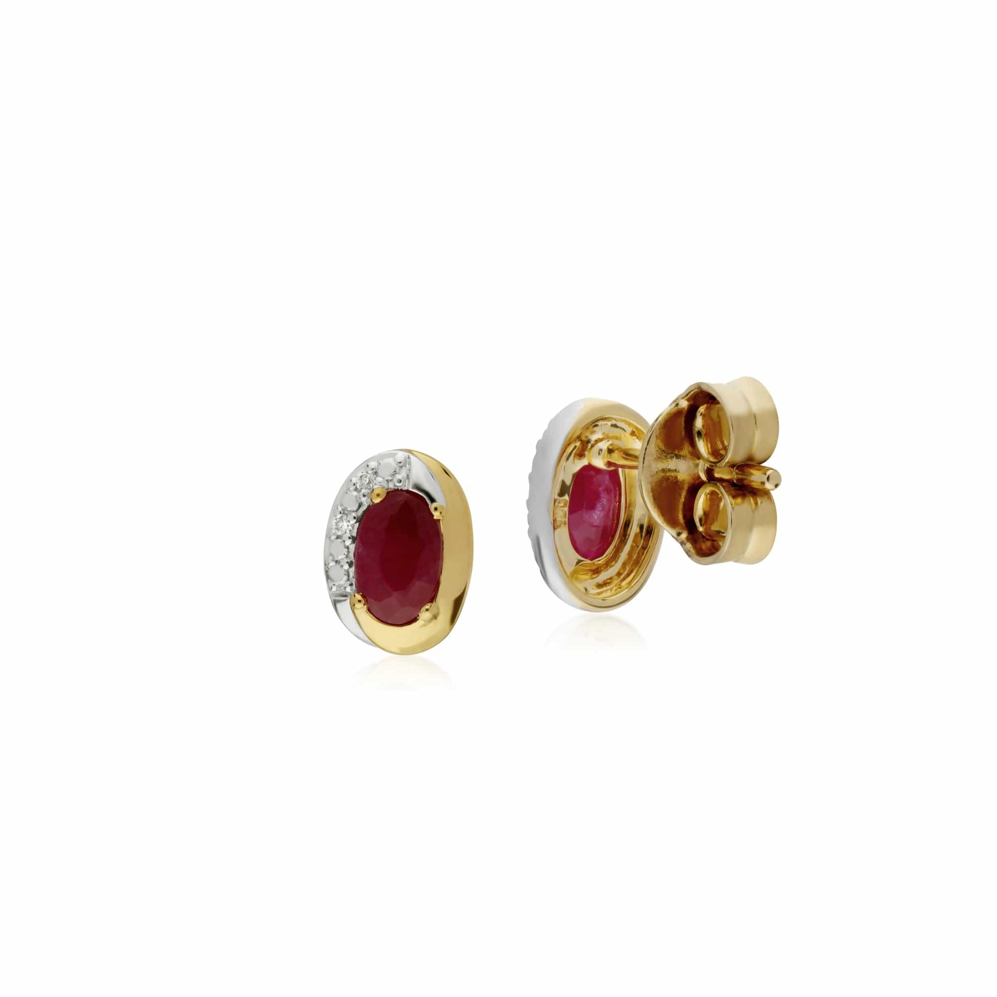 Classic Oval Ruby & Diamond Stud Earrings in Two Tone 9ct Yellow Gold - Gemondo