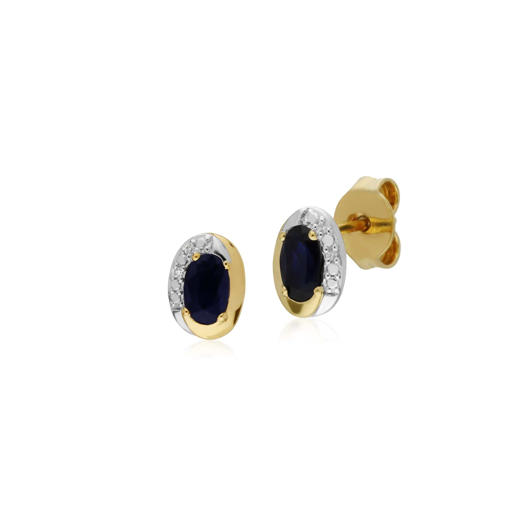 Classic Oval Sapphire & Diamond Stud Earrings in Two Tone 9ct Yellow Gold