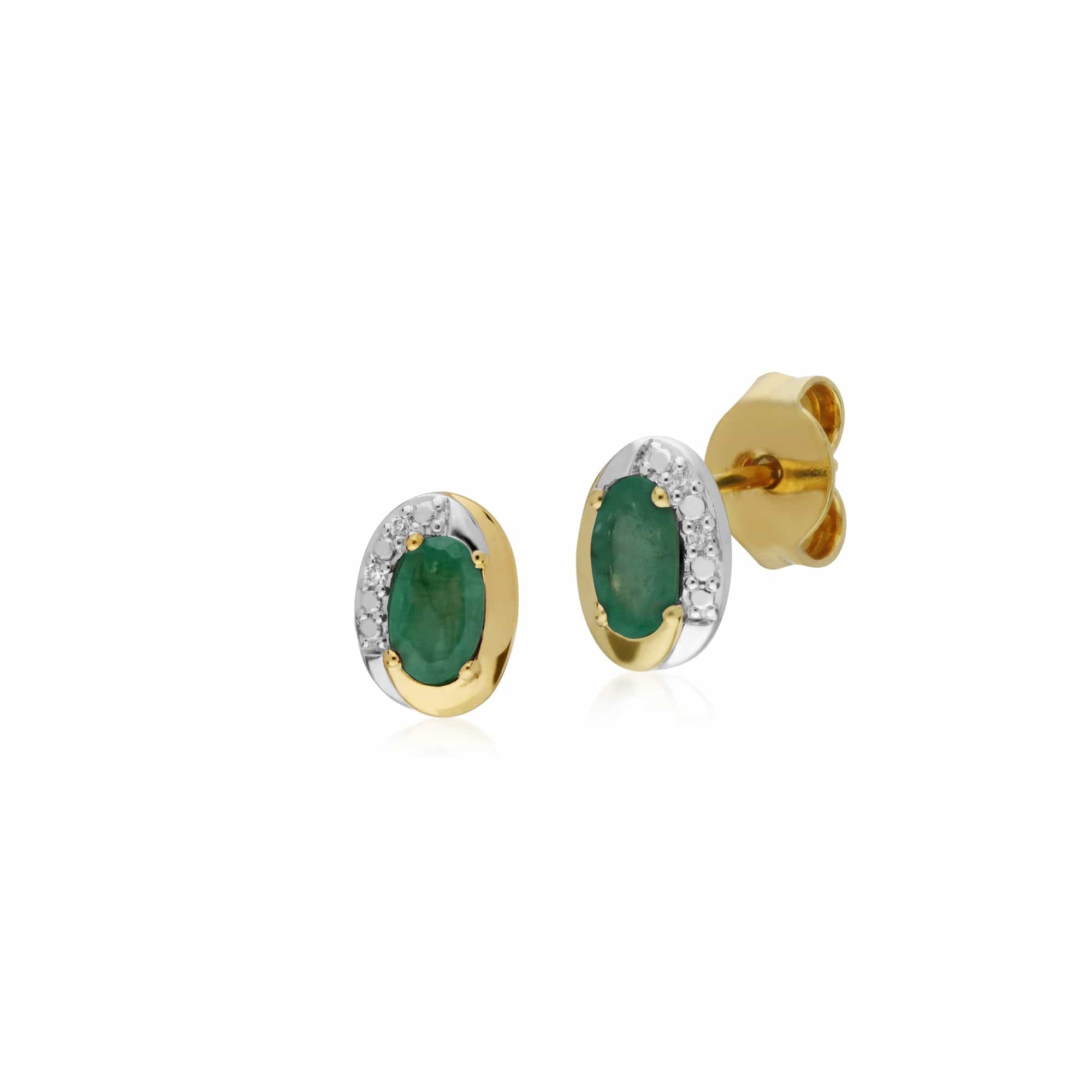 135E1554039 Classic Oval Emerald & Diamond Stud Earrings in Two Tone 9ct Yellow Gold 1