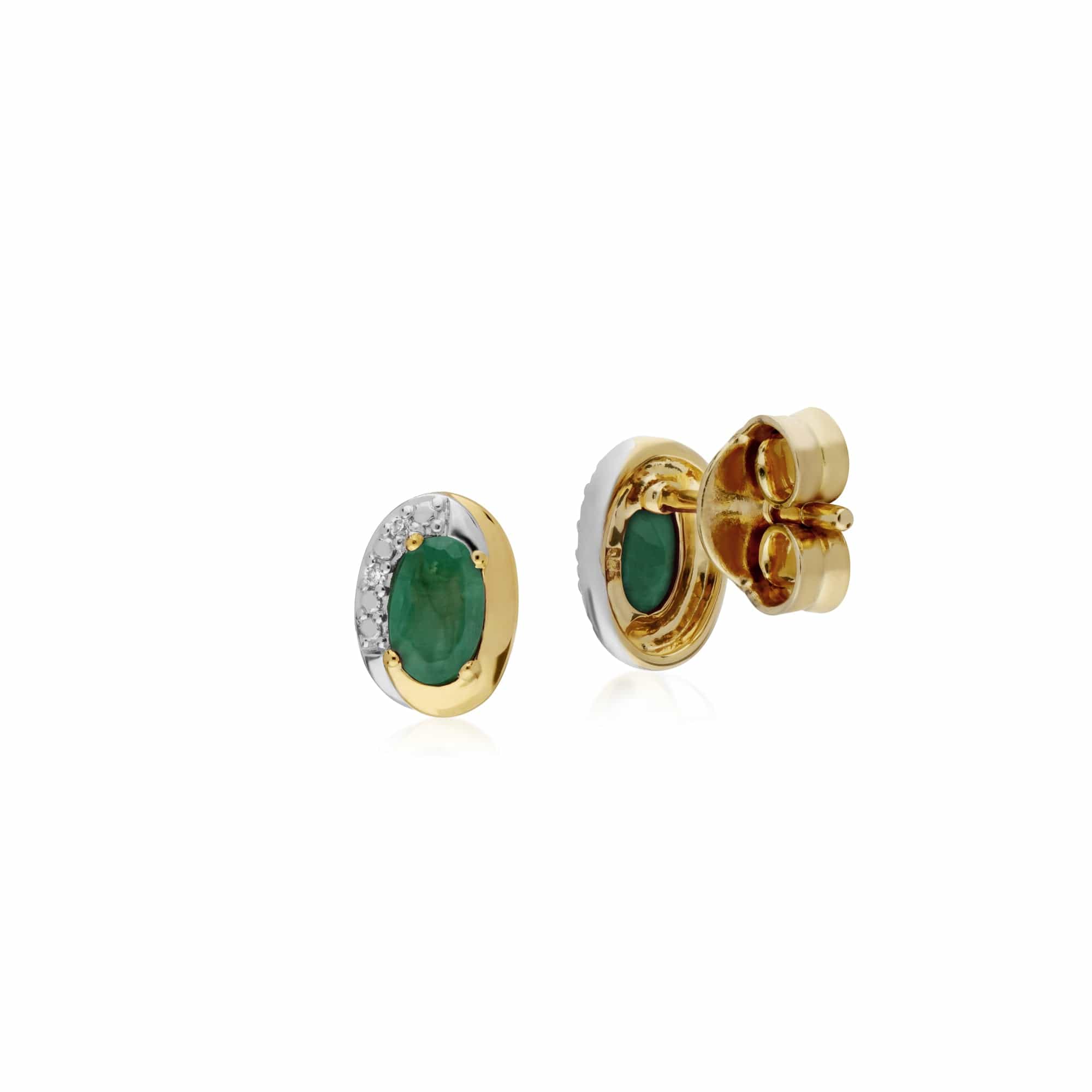 135E1554039 Classic Oval Emerald & Diamond Stud Earrings in Two Tone 9ct Yellow Gold 2