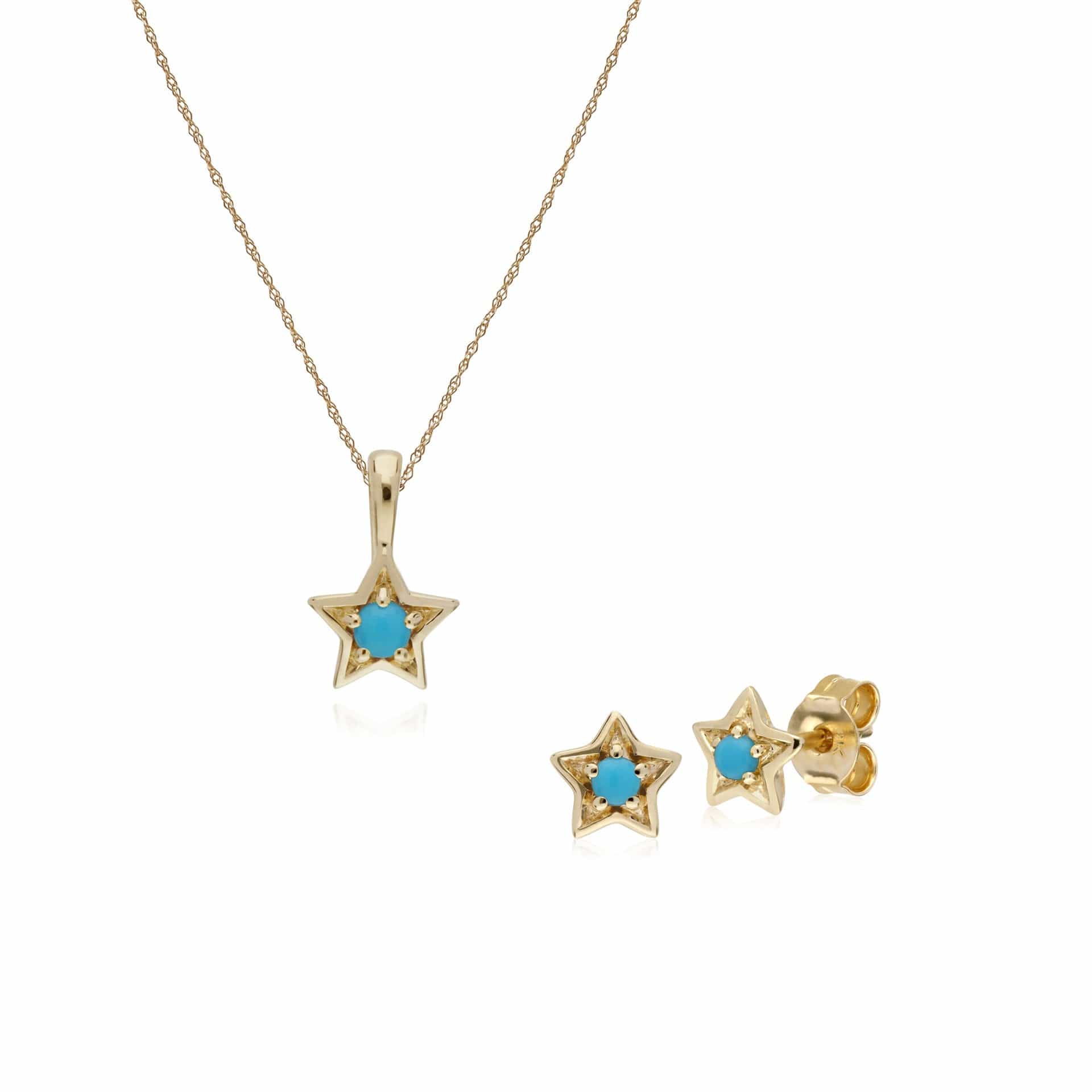 135E1565019-135P1903019 Contemporary Round Turquoise Single Stone Star Earrings & Necklace Set in 9ct Yellow Gold 1