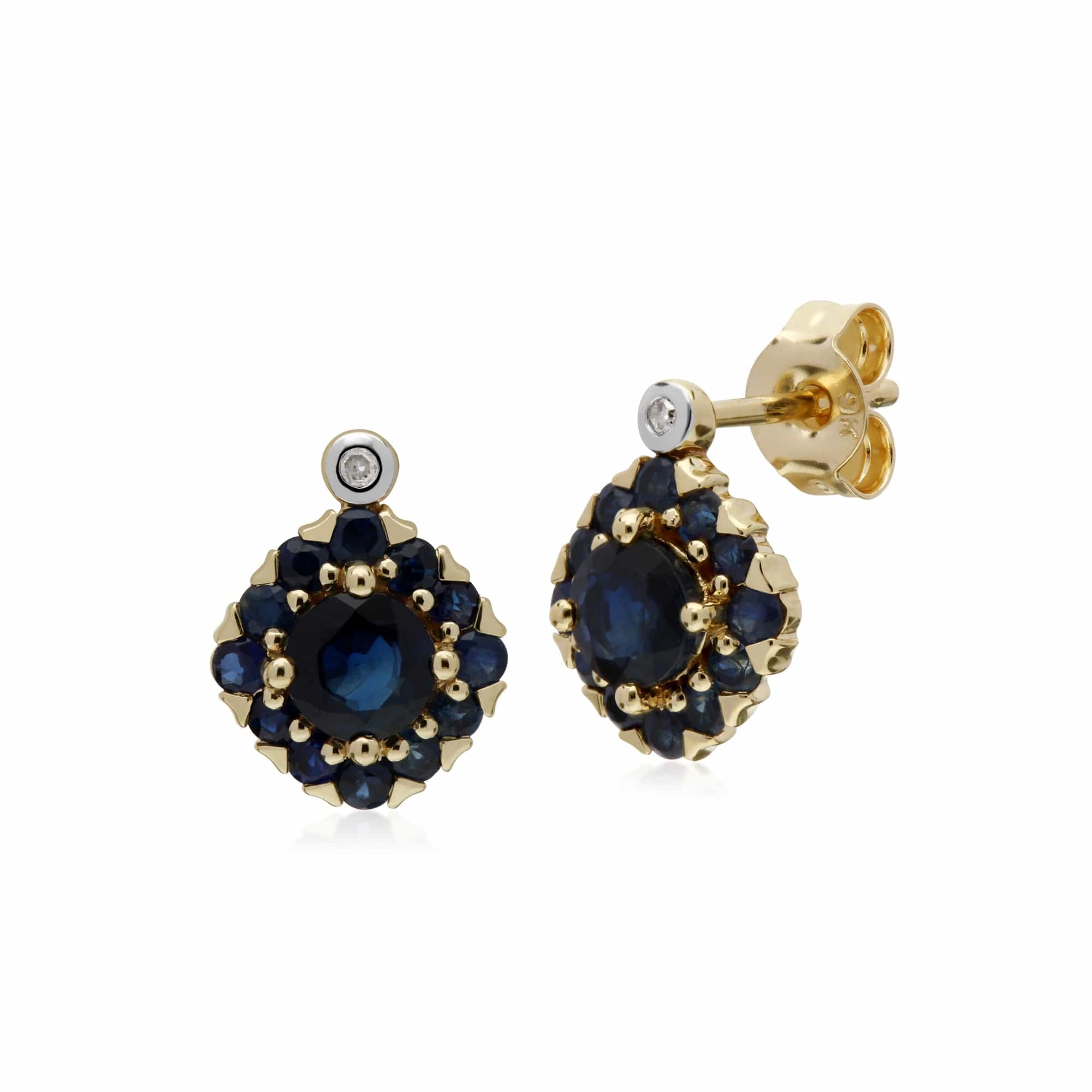 135E1571029 Gemondo 9ct Yellow Gold Sapphire & Diamond Square Cluster Stud Earrings 1