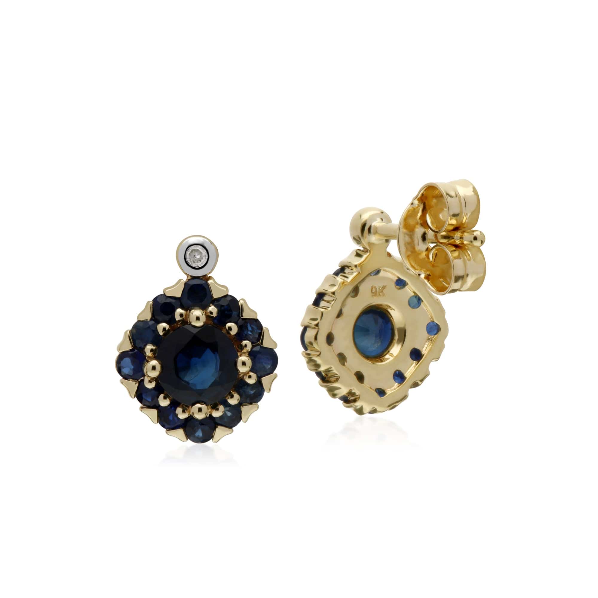 135E1571029 Gemondo 9ct Yellow Gold Sapphire & Diamond Square Cluster Stud Earrings 2