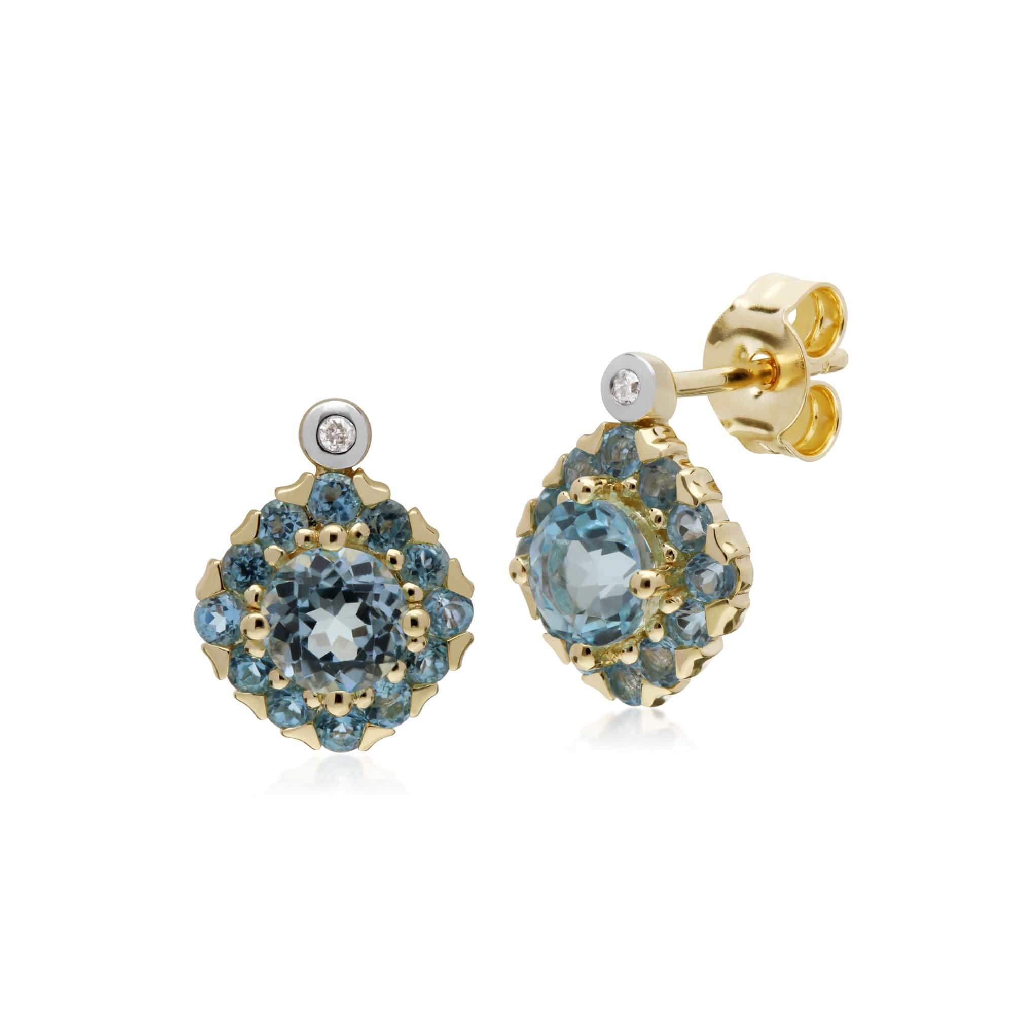 135E1571059-135P1911059 Classic Round Blue Topaz & Diamond Square Cluster Stud Earrings & Pendant Set in 9ct Yellow Gold 2
